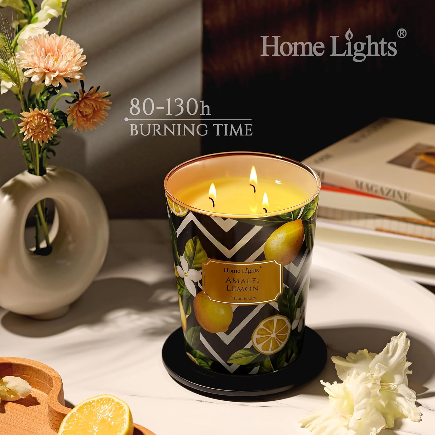 Homelights Scented Candles | Large Jar 34 Oz Natural Soy Candle | 130 Hrs Long-Lasting With 3 Wicks | Eclectic Mixed Styles Home Decor | Gifts For Mom & Women, Amalfi Lemon