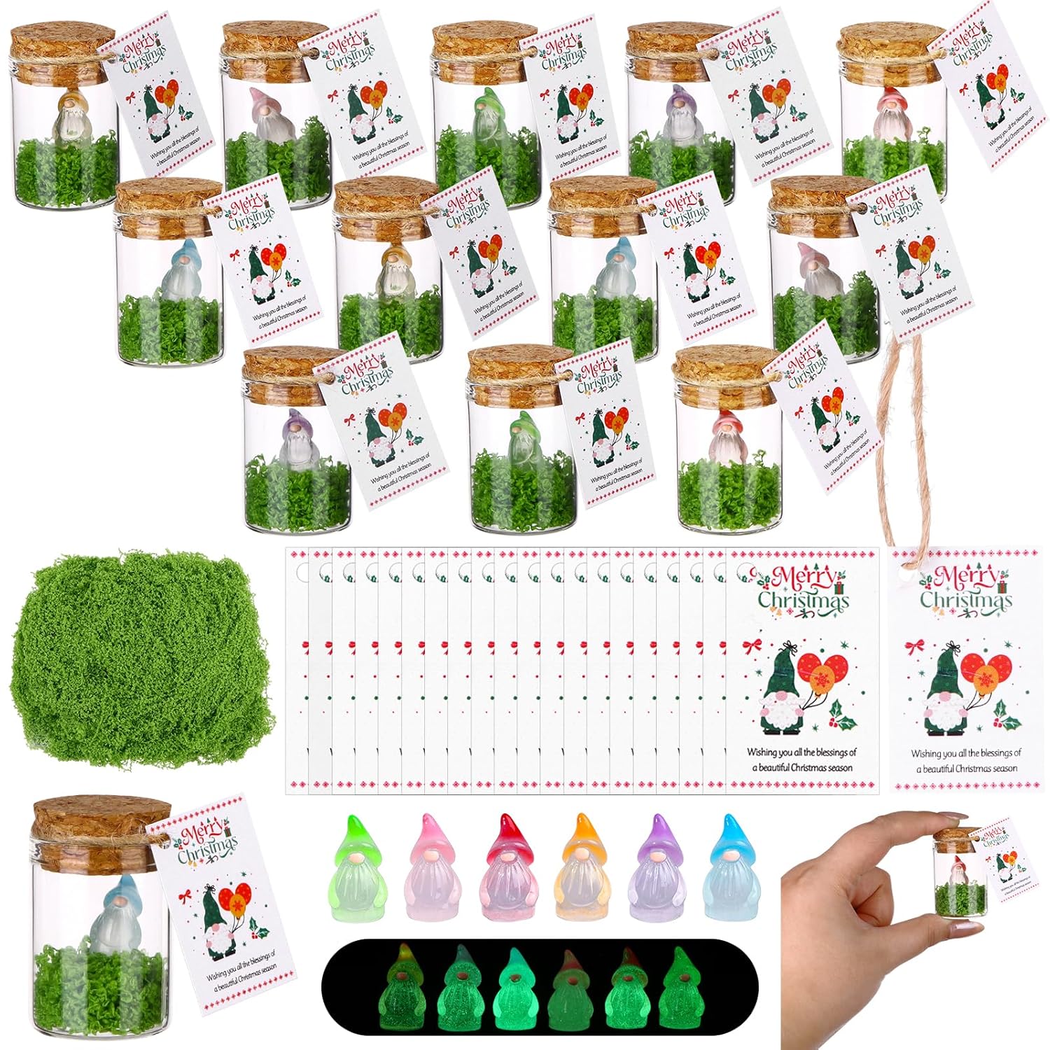 48 Sets Christmas Mini Resin Gnome Gifts In A Glass Jar With Moss&Card Glow In The Dark Adopt A Gnome Fingure Luminous Gnomes Crafts For Xmas Class Winter New Year Gifts Diy Party Goodie Bag Fillers