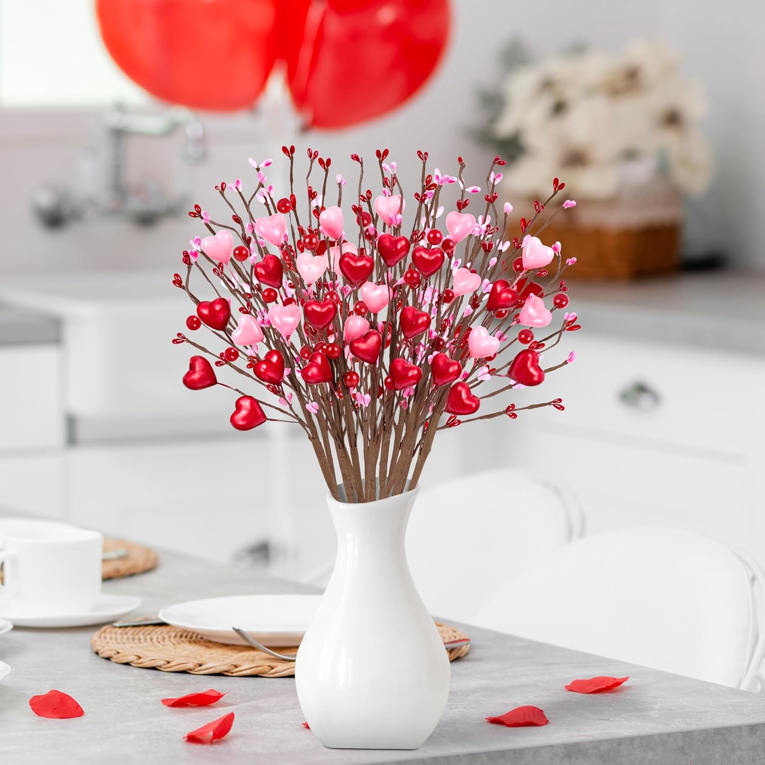 26Pcs Valentines Decorations Day Artificial Flowers Picks Decor - Berry Stems With Red Pink Heart Gifts For The Home Table Centerpieces - Style 2
