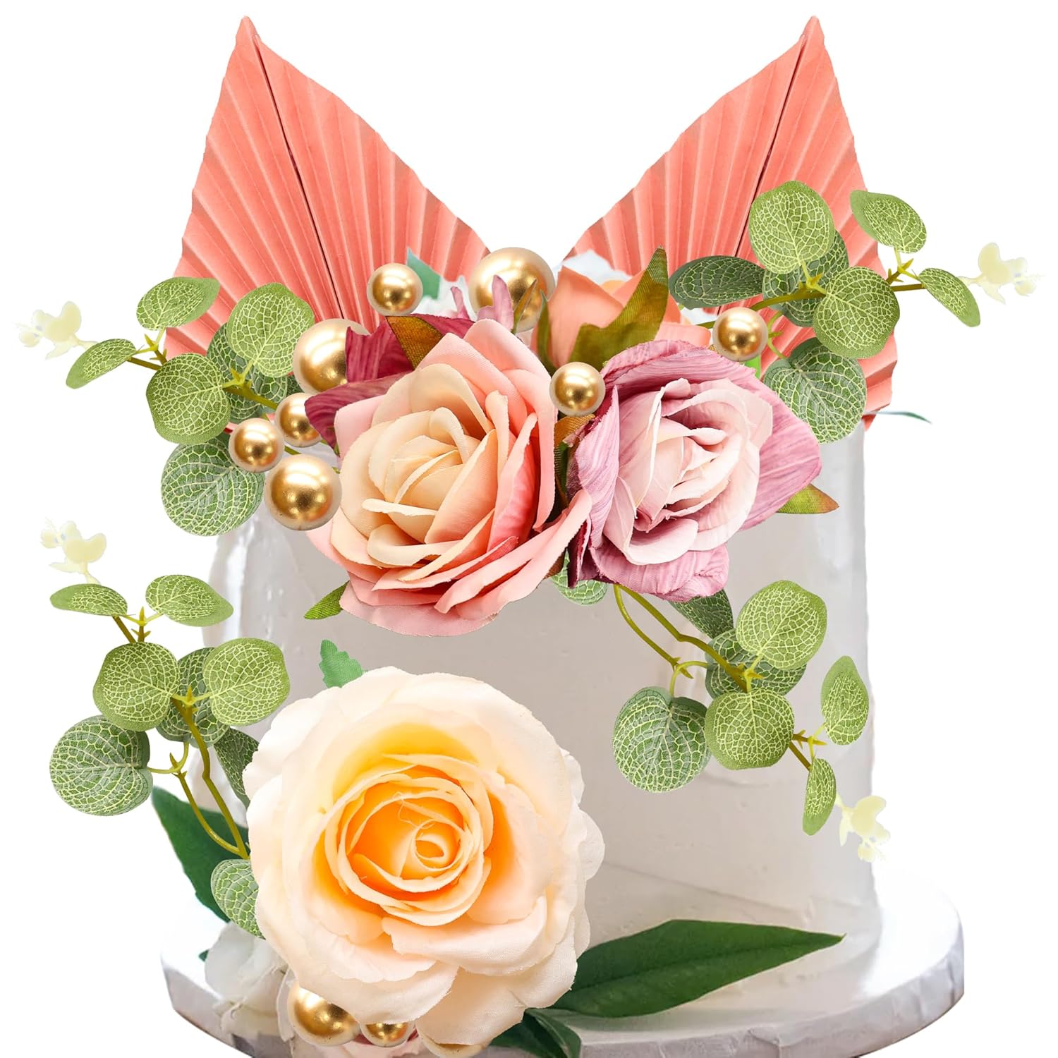 22Pcs Rose Artificial Flower Leaves Cake Topper Decorations Gold Balloon Cake Toppers Leaf Paper Palm Fan Cake Picks For Diy Wedding Birthday Valentine'S Day Party Decorations Supplies Pink