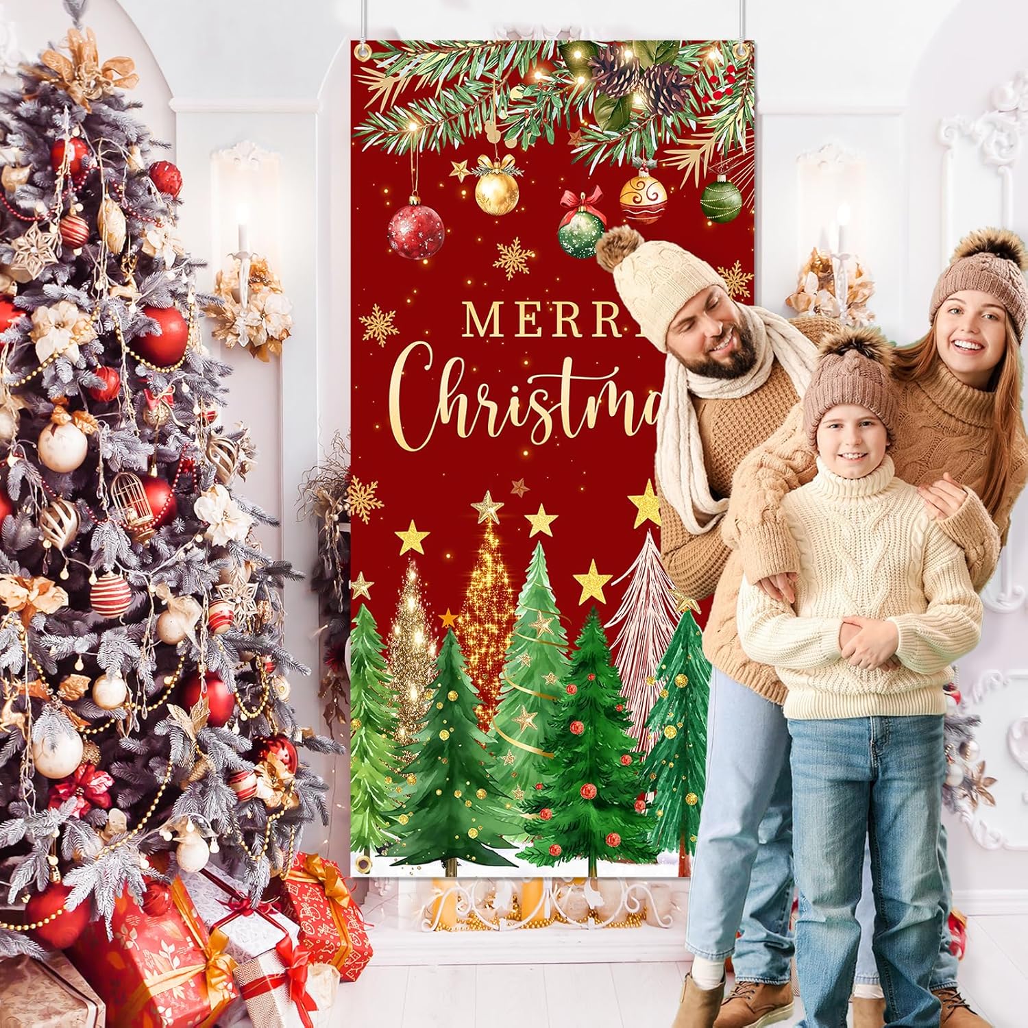 Christmas Door Cover Christmas Tree Door Cover Red And Green Xmas Door Decorations Xmas Door Banner Photo Booth Props For Wall Party