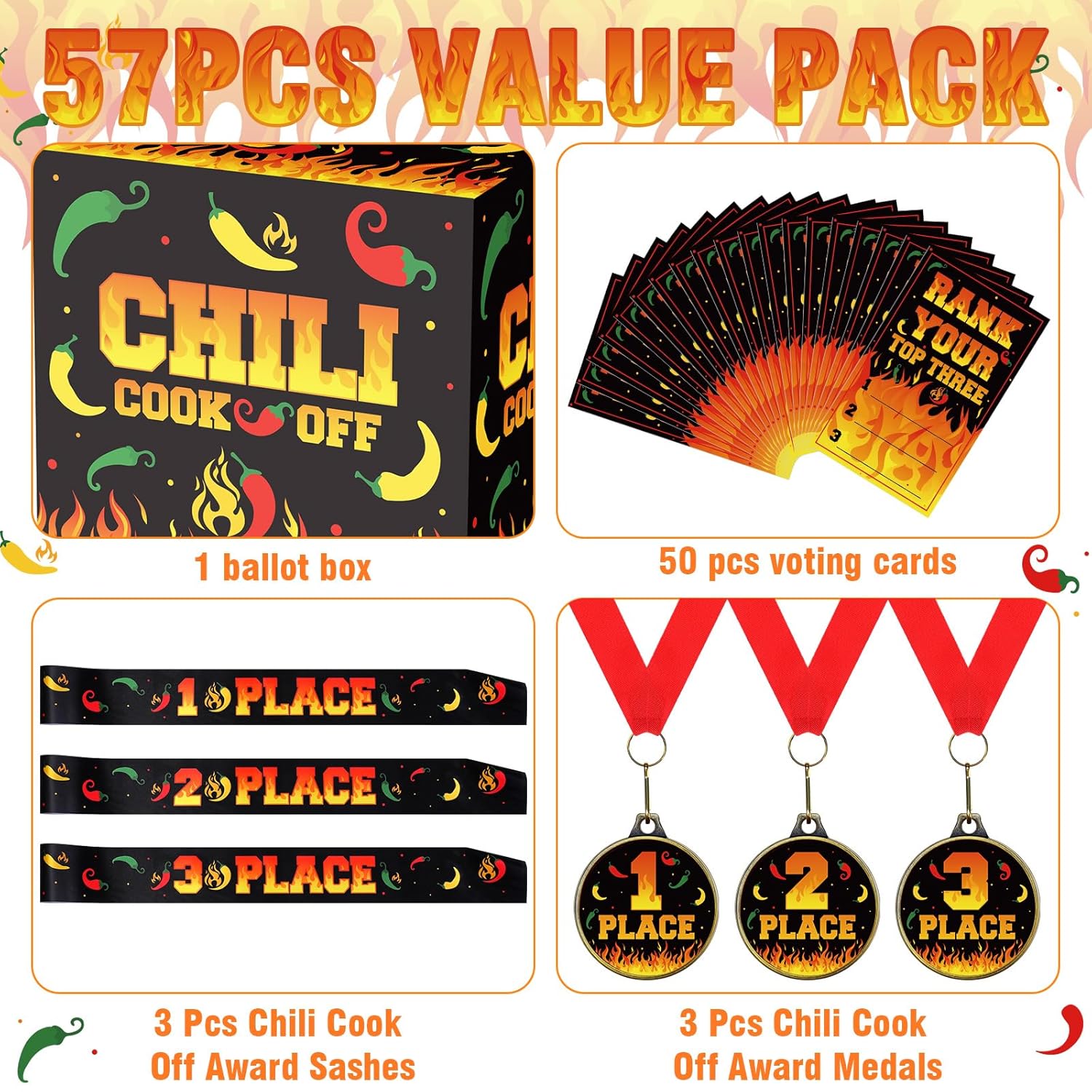 Chili Cook Off Contest Ballot Box With 50 Pcs Pepper Voting Cards 3 Pcs Trophy Medals 3 Pcs Award Sash For Chili Cook Off Game Prizes Award Party Supplies Decorations