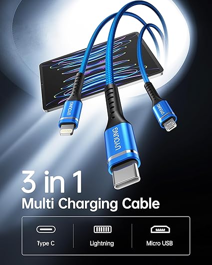 2 Pack 6FT 3 in 1 Multi Charging Cable Lightning USB C Micro USB Fast Charger Cord