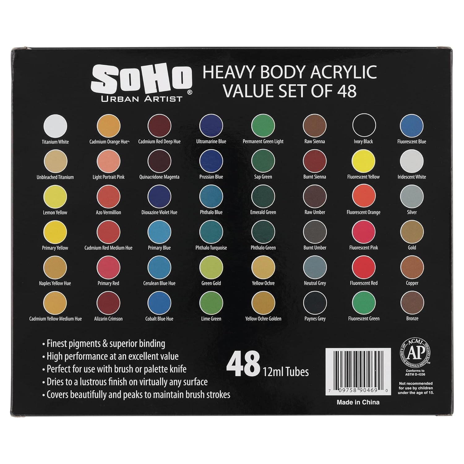 Acrylic Paint - Thick, Rich, Water-Resistant, Heavy Body Paint, Assorted, Set Of 48-12Ml
