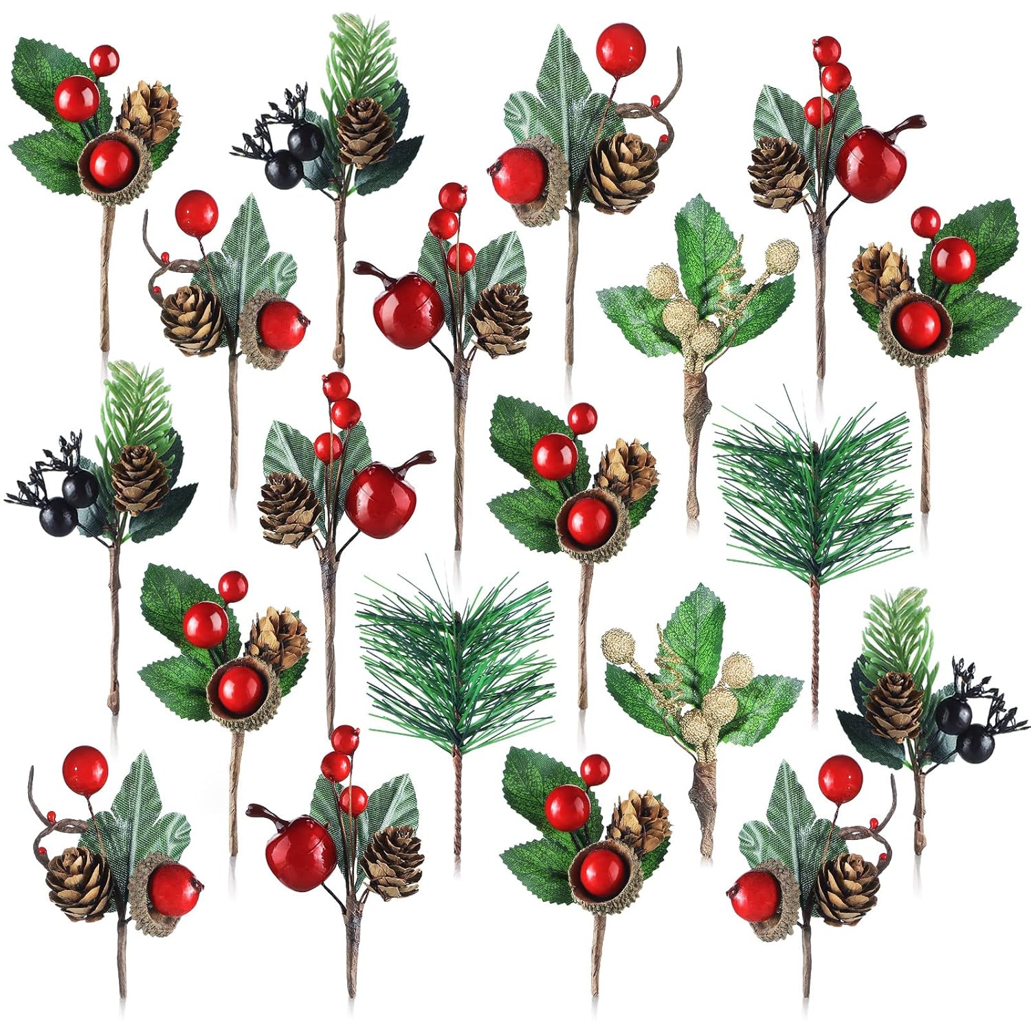 28 Pcs Artificial Christmas Greenery Red Berry Picks Pine Cones Holly Berries Flower Stem Needles Branches Fake Greenery Floral Picks For Xmas Tree Winter Crafts Party Festive Home Decor