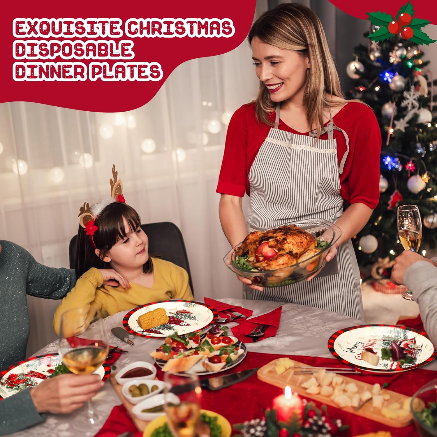 100 Pcs Christmas Paper Plates Disposable 9 Inch Black And Red Plaid Snowman Dinner Round Plates For Xmas Holiday Birthday Party Table Decor