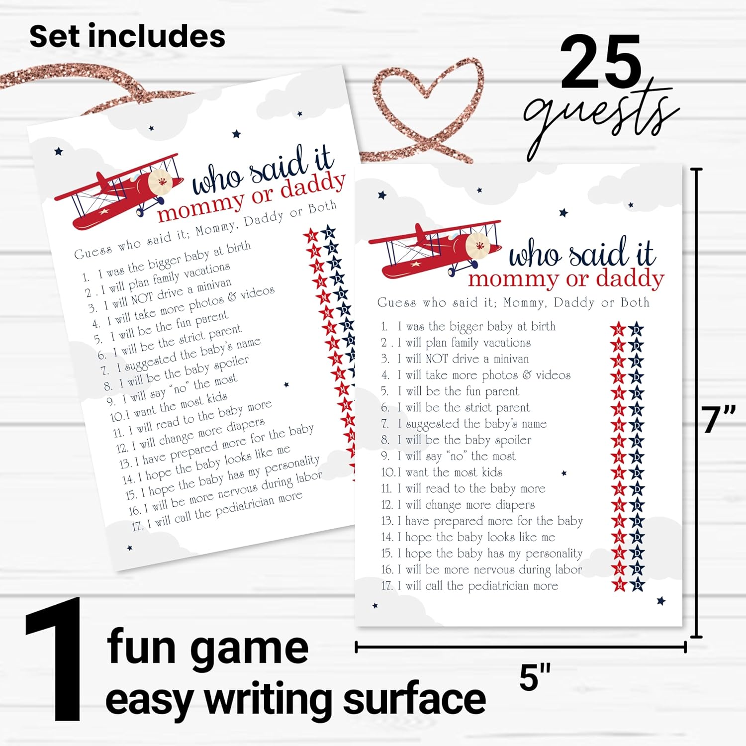Airplane Baby Shower Games For Boys - 25 Guess Who Mommy Or Daddy Game Cards - Fun Gender Reveal Activities For Guests - Red And Blue Taking Flight Theme, 5X7