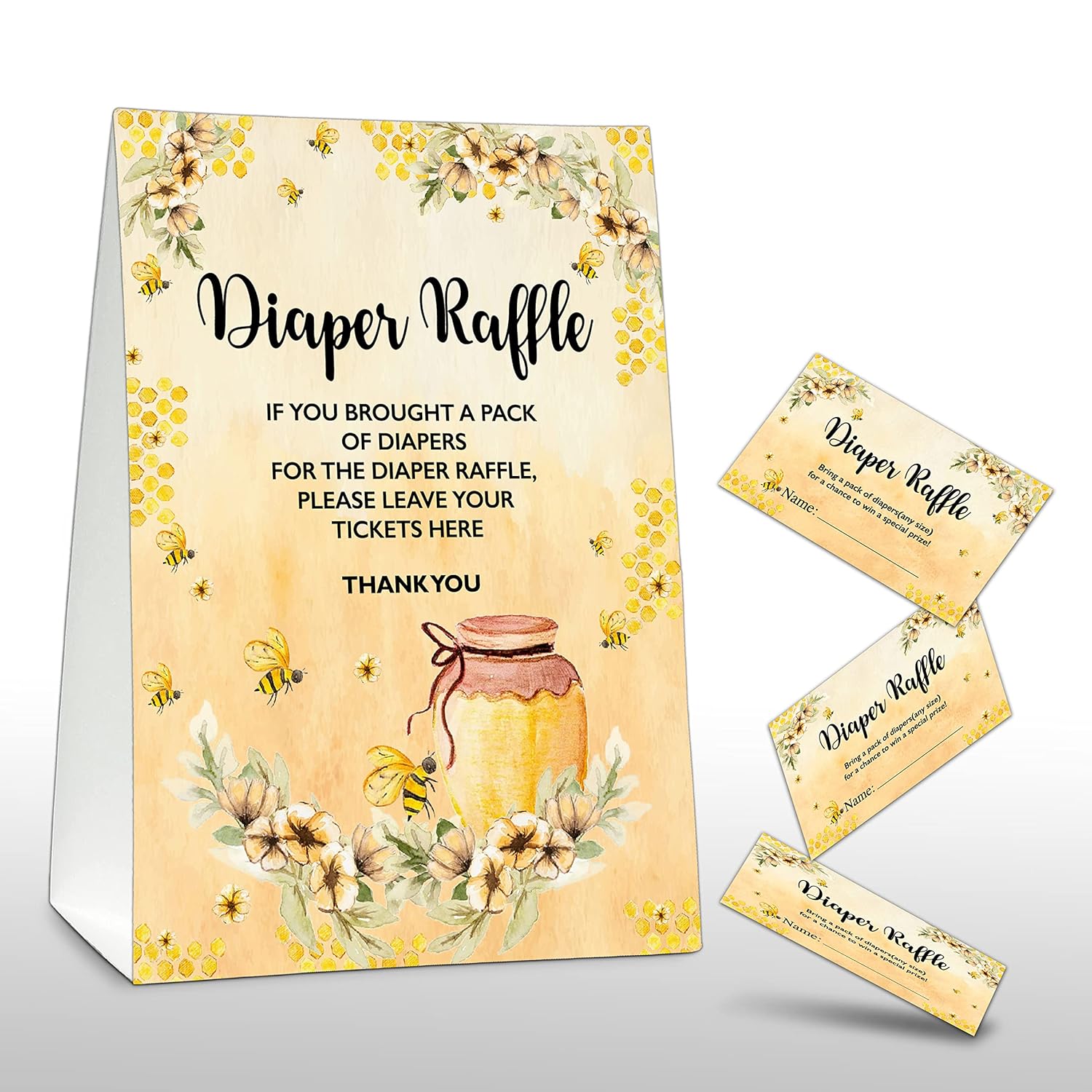 Diaper Raffle Party Games, Honey Bee Baby Shower Game, Floral Themed Baby Gender Reveal Party Supplies & Activities -1 Double Sided Standing Sign + 50 Guessing Cards (A09)