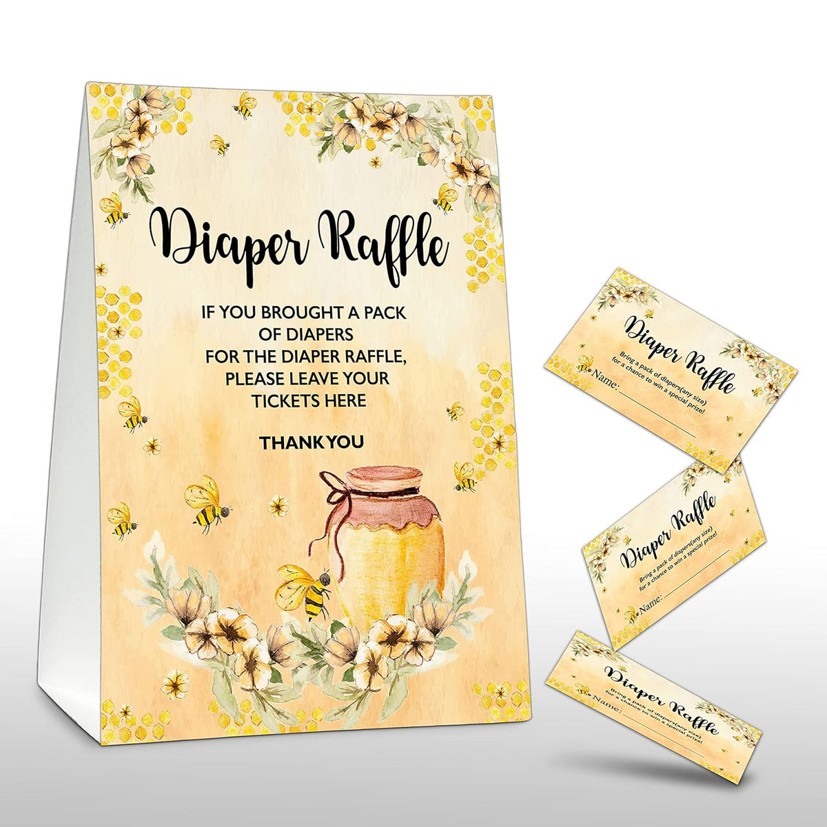 Diaper Raffle Party Games, Honey Bee Baby Shower Game, Floral Themed Baby Gender Reveal Party Supplies & Activities -1 Double Sided Standing Sign + 50 Guessing Cards (A09)