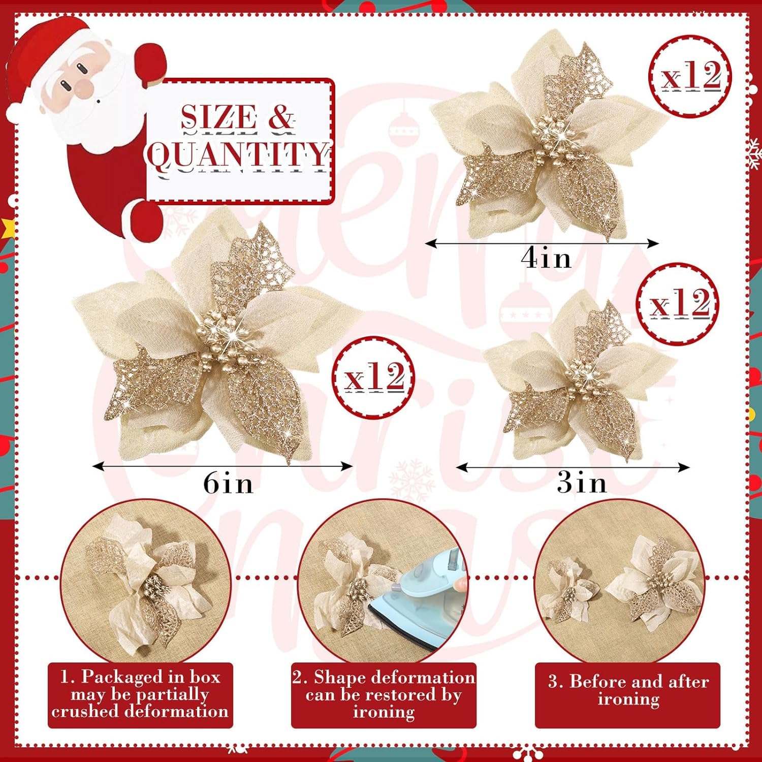 36 Pieces Christmas Poinsettia Glitter Faux Flowers Christmas Artificial Flowers Tree Ornaments Topper Xmas Decorations(Gold)