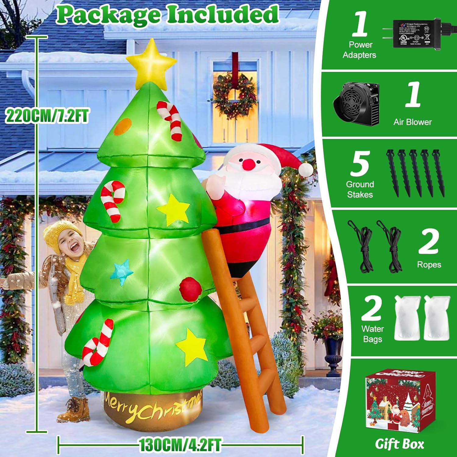 7 Ft Tall Large Christmas Inflatables Santa Claus Tree Outdoor Decorations, Build-In Leds Funny Xmas Blow Ups Yard Decor