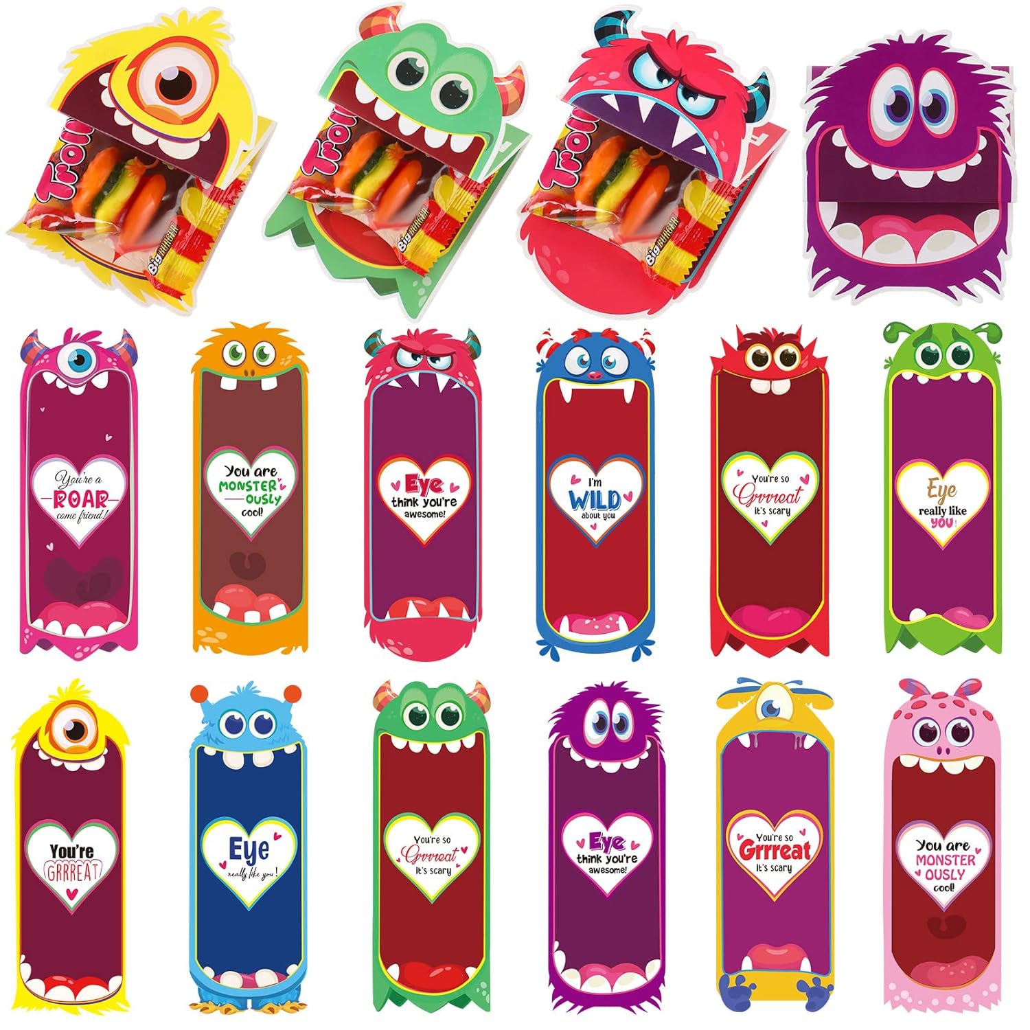 48 Pcs Valentine'S Day Candy Cards Holder Gifts Funny Exchange Treat Cards For Valentine Day Party Favor Supplies(Monster Style)