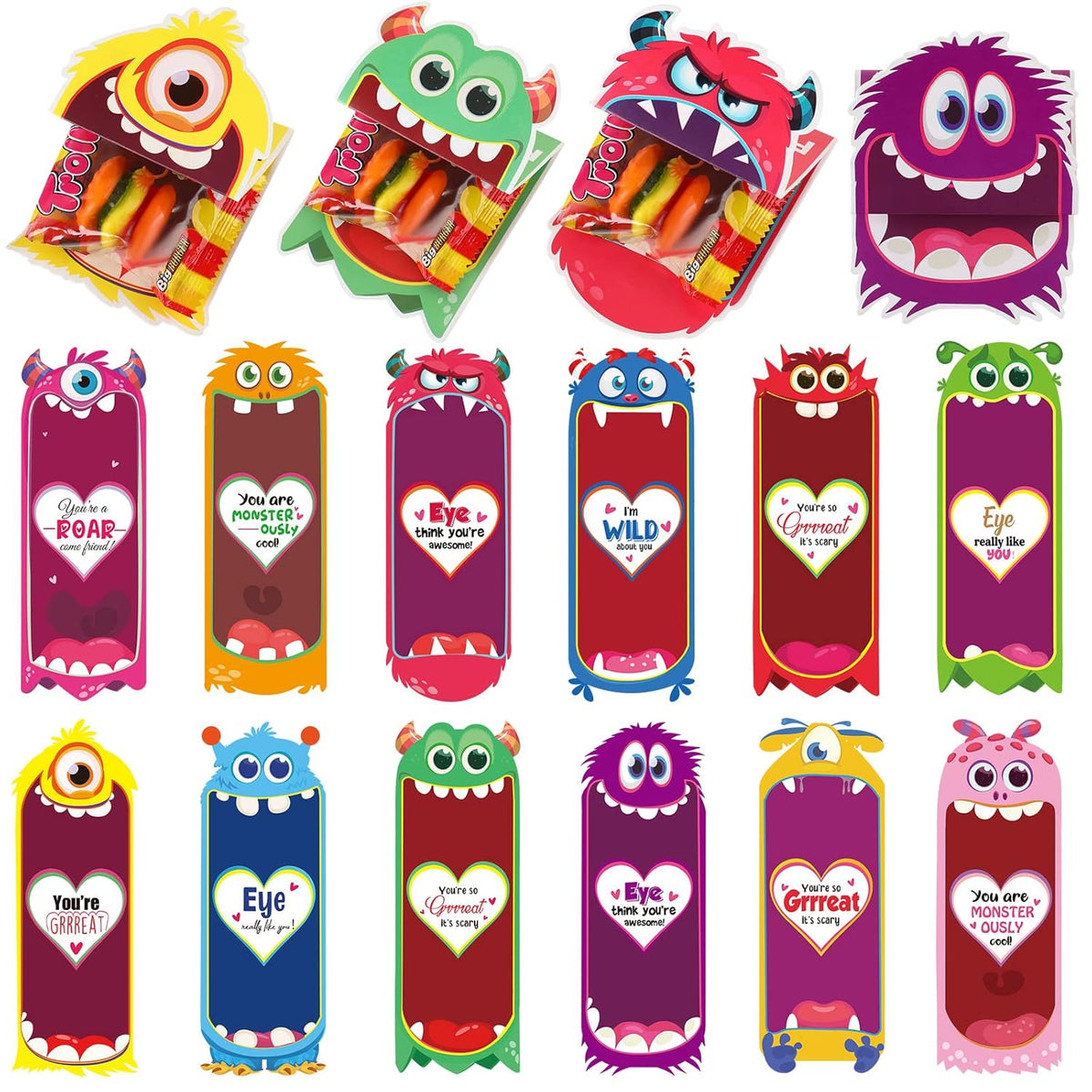48 Pcs Valentine'S Day Candy Cards Holder Gifts Funny Exchange Treat Cards For Valentine Day Party Favor Supplies(Monster Style)