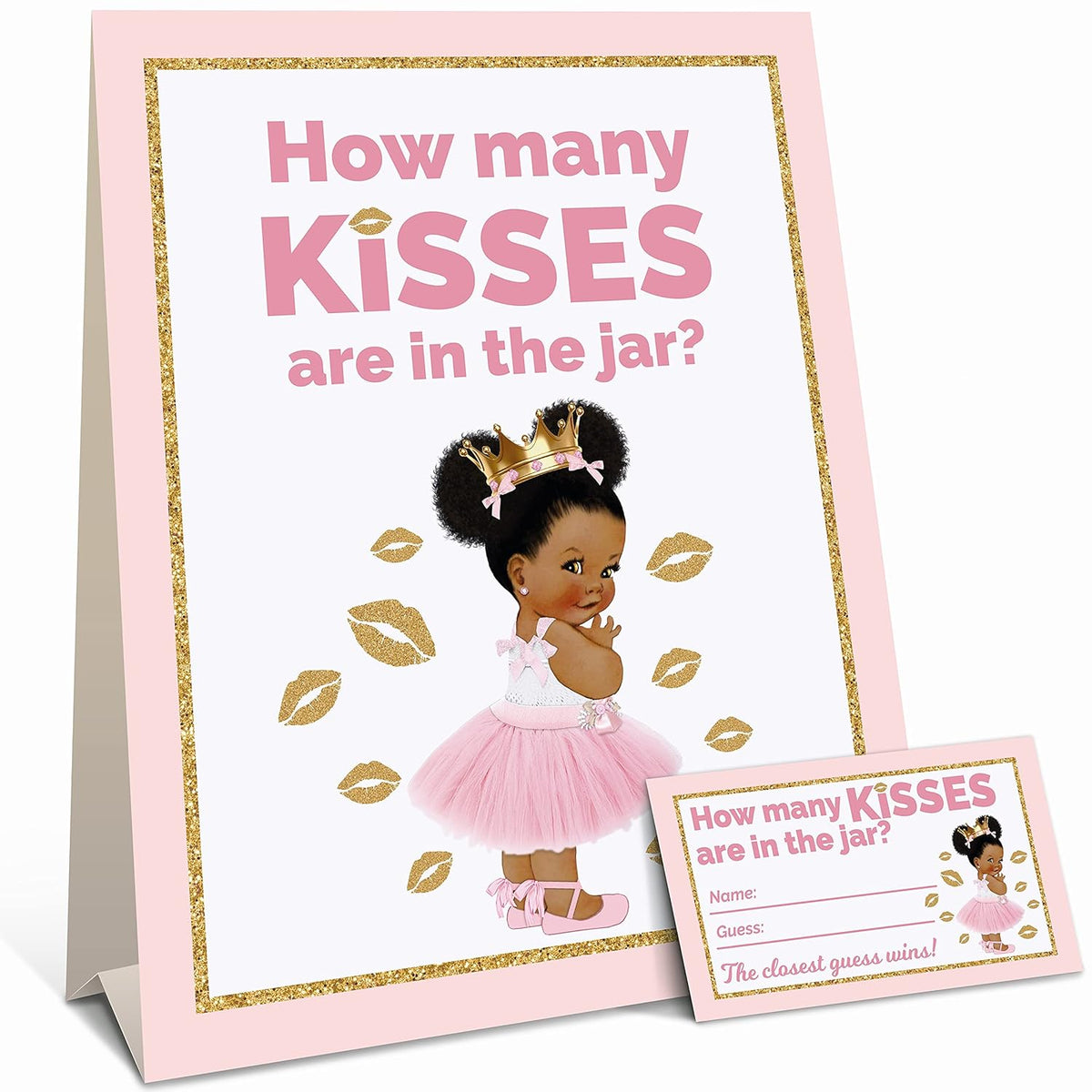 African American Little Princess Baby Shower Games For Girl - Guess How Many Kisses Game (Sign With 30 Cards)