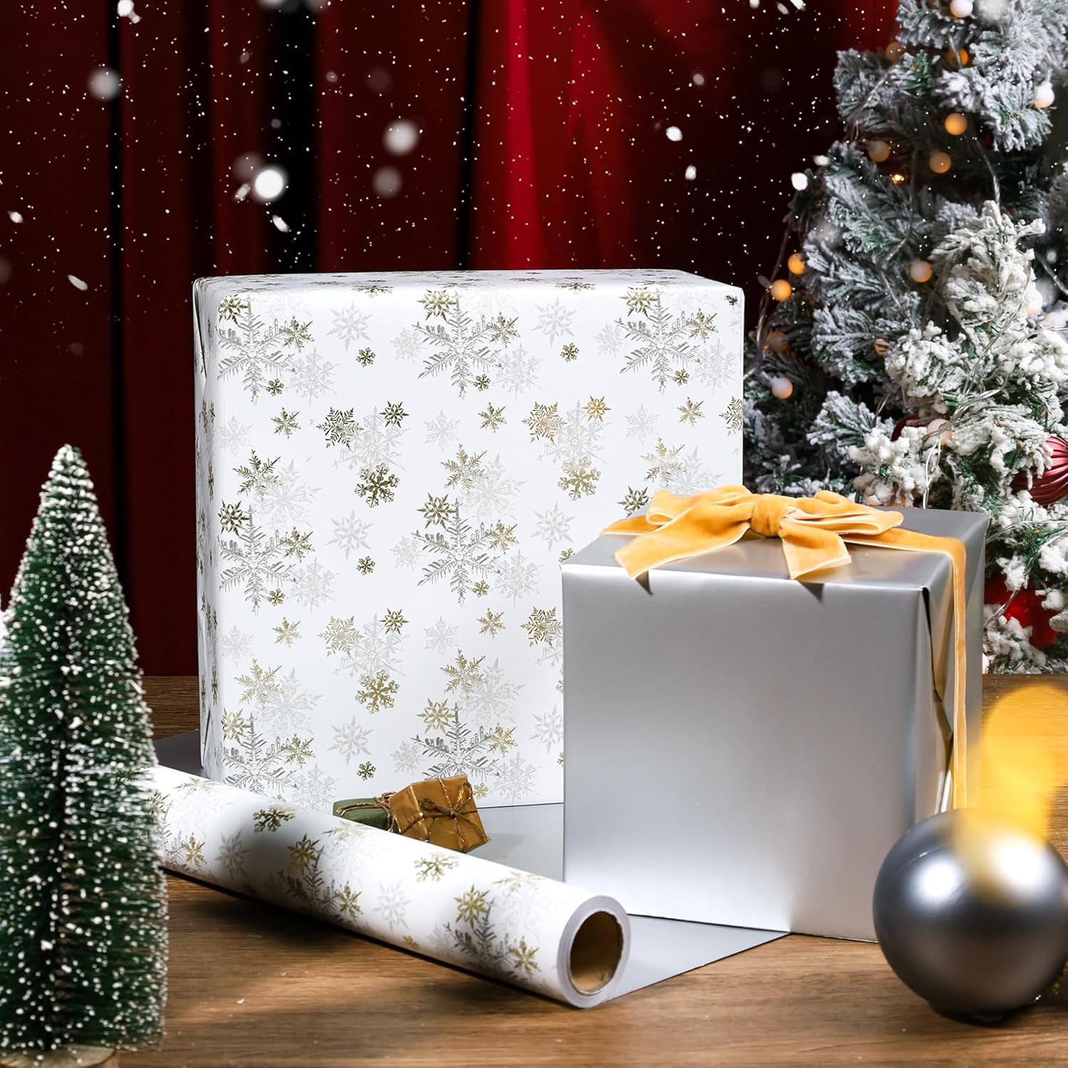 Gold & Silver Snowflake Christmas Wrapping Paper, Reversible Holiday Gift Wrap With Metallic Foil And Silver Back, Elegant Xmas Roll For Adults, Men, Women– 17 Inch X 33 Feet