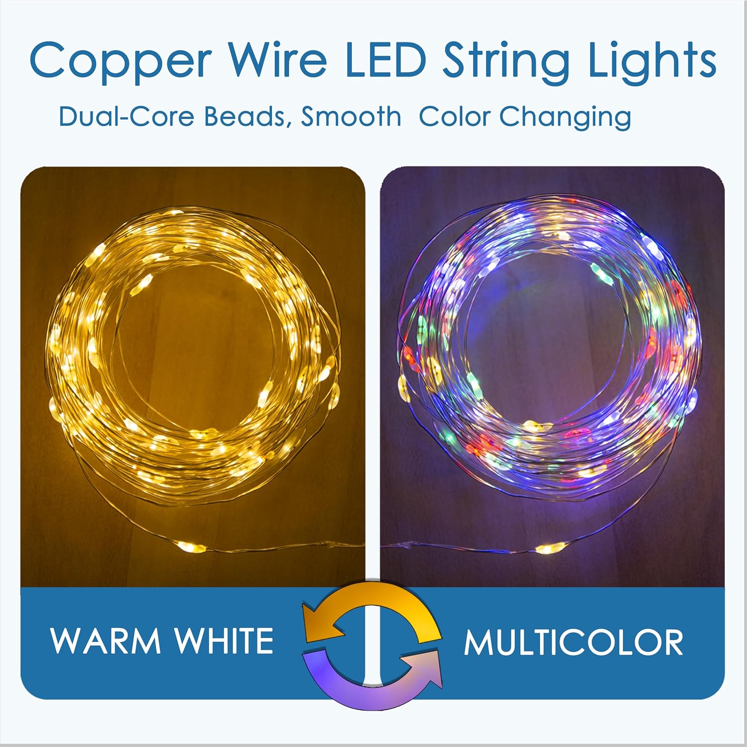 Battery Powered Silver Copper Wire Led String Lights - Remote Control, Color Changing Warm White/Multicolor, For Bedroom