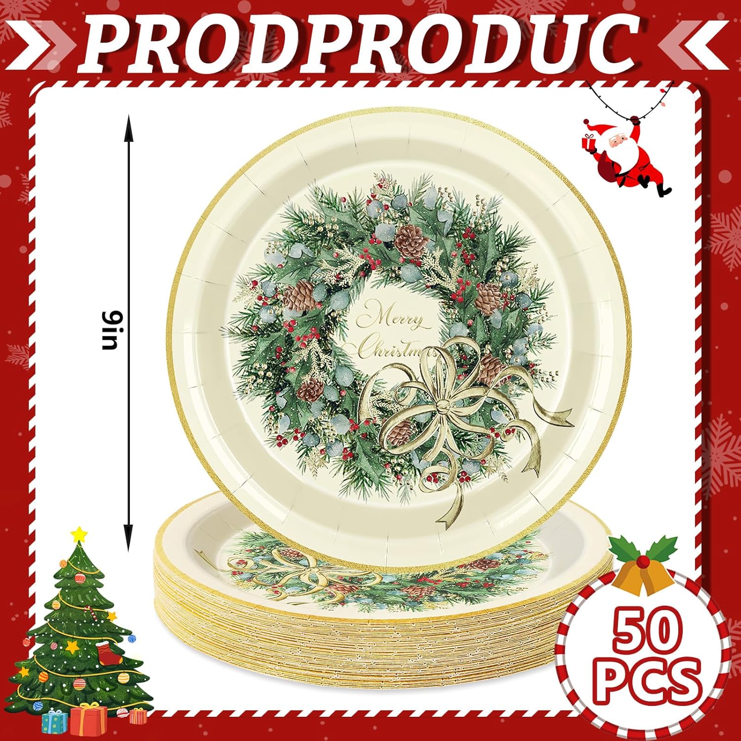 50Pcs Merry Christmas Paper Plates Xmas Wreath Disposable Plates 9 Inch Decorative Dinner Dessert Plates For Home Party Tableware Supplies