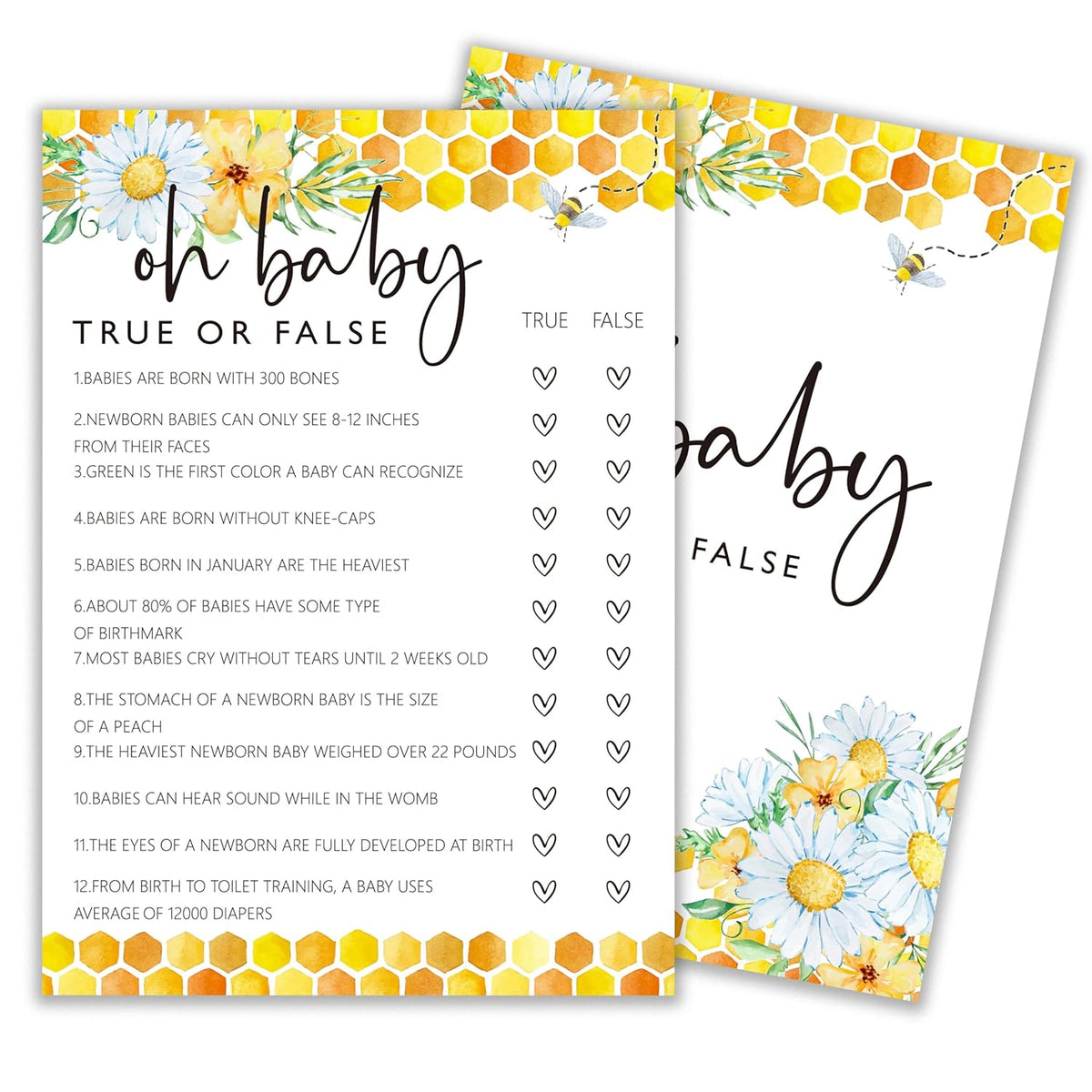 Bee Baby Shower Games, Oh Baby True Or False Game, Summer Daisy Bumble Bee Gender Neutral Party Supplies & Favor, 5X7 In & Set Of 25-A01