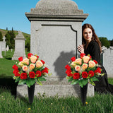 Artificial Cemetery Flowers,Cemetery Flowers For Grave,Outdoor Grave Decorations Roses,Memorial Flowers Bouquet With Cemetery Vase For Headstone Tombstone Decoration,2 Sets (Red Cranberry)