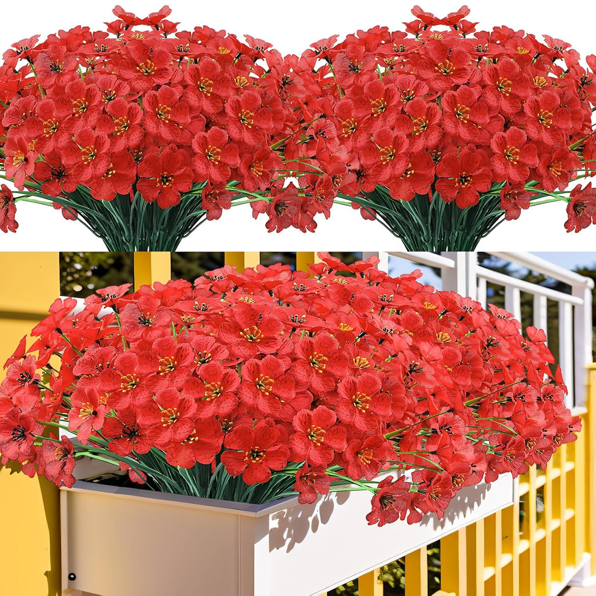 20 Bundles Outdoor Artificial Flowers Uv Resistant With Red Faux Silk Flowers And No Fade Fake Plastic Plants For Spring Summer Outside Planters Porch Window Box Garden Decor