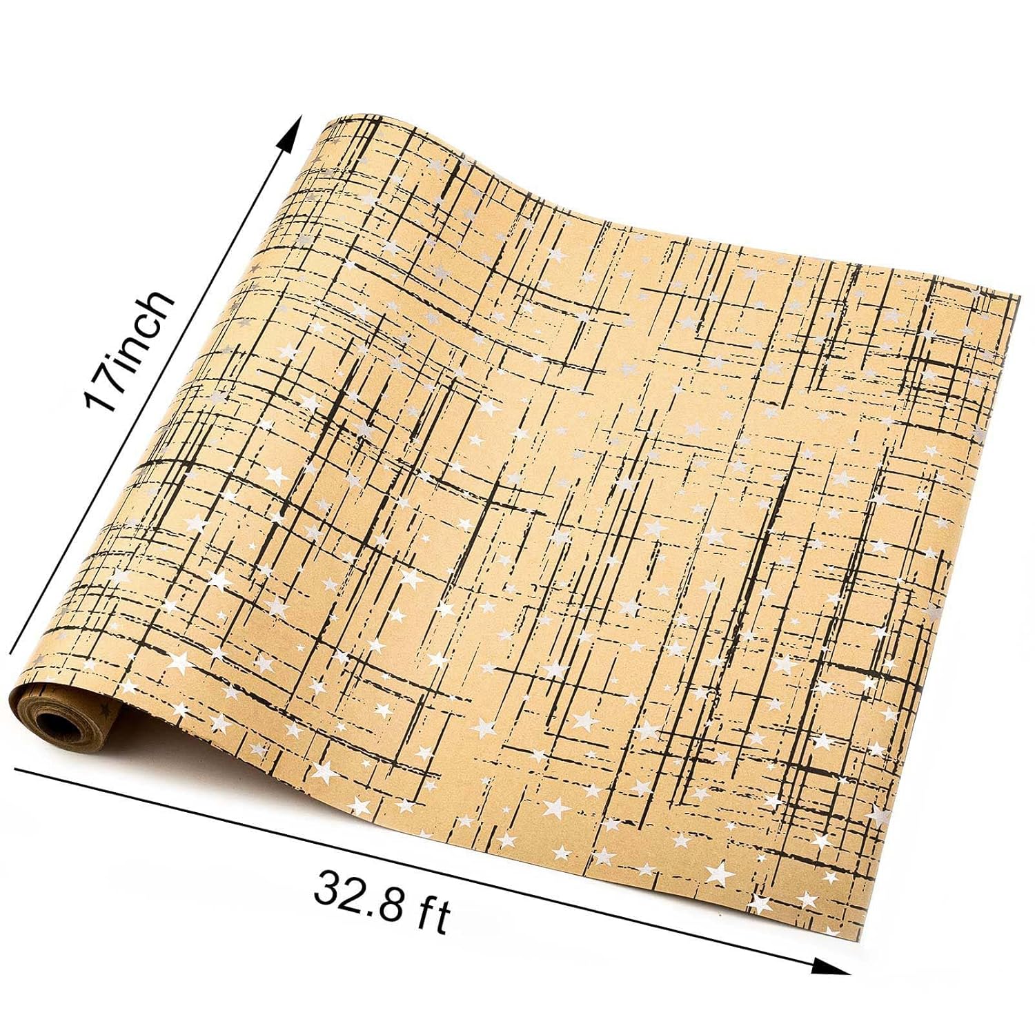 Kraft Gift Wrap Roll -17 Inch X 32.8 Feet -Metallic Silver Stars With Unique Irregular Plaid Gift Wrap Paper Design For Christmas, Holiday, Party, Celebration