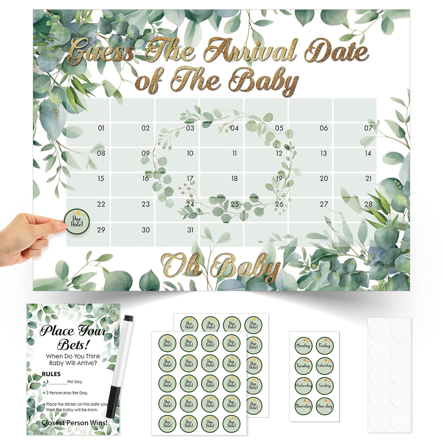 Greenery Baby Shower Due Date Calendar Baby Shower Game Include Guess The Arrival Date Of Baby Prediction Calendar Place Your Bets Prediction Game Baby Shower Due Date Poster Stickers
