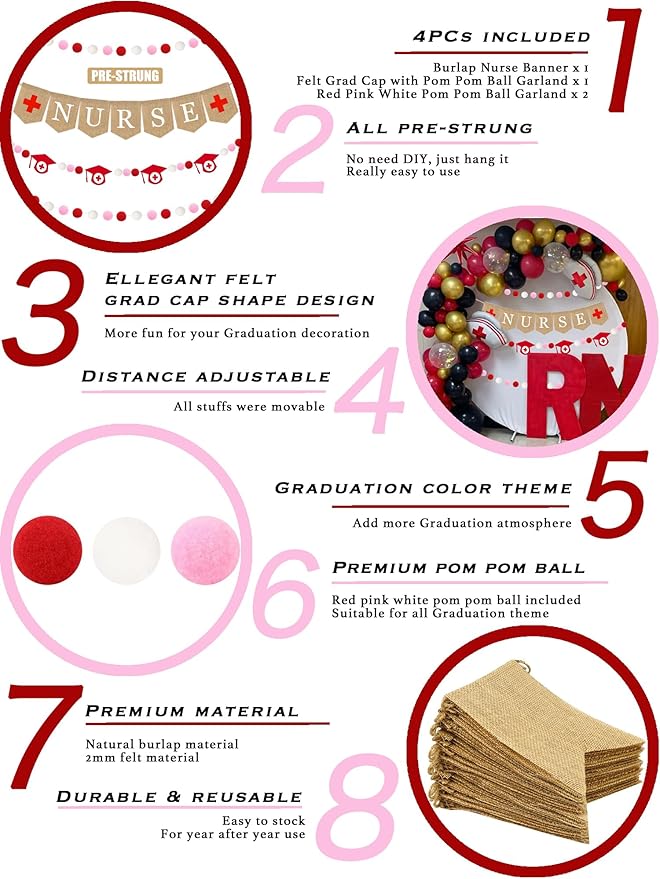 Nurse Banner, 4 Pcs Nursing Party Decorations Burlap Bunting Pennant And Felt Graduation Cap With Red Pink White Pom Pom Ball Garland Congrats Grad For Thank You Nurses Lab Week College School Decor