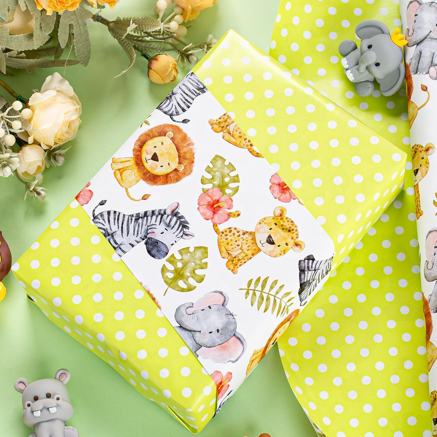 Avocado Green Baby Shower Wrapping Paper,Reversible Cute Personalized Safari Animal Polka Dot Newborn Gift Wrap For Baby Shower, Kids Girls Boys Birthday (17 In X 32.8 Ft)
