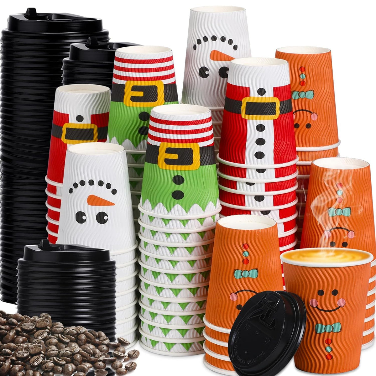 100 Sets Christmas Disposable Coffee Cups 12 Oz Insulated Ripple Wall Paper Cup With Lid, Xmas Disposable Coffee Espresso Cups Tea Cups For Cold Hot Liquids Drinking Party Supplies (Cute)
