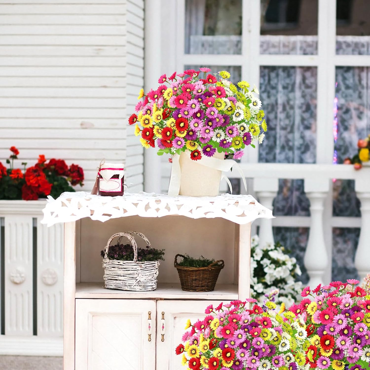 Artificial Flowers For Indoor Outdoors, 4 Bundles Faux Silk Daisy Lower Uv Resistant Fake Plastic Plants For Spring Summer Hanging Planter Table Vase Window Garden Porch Balcony Home Decor