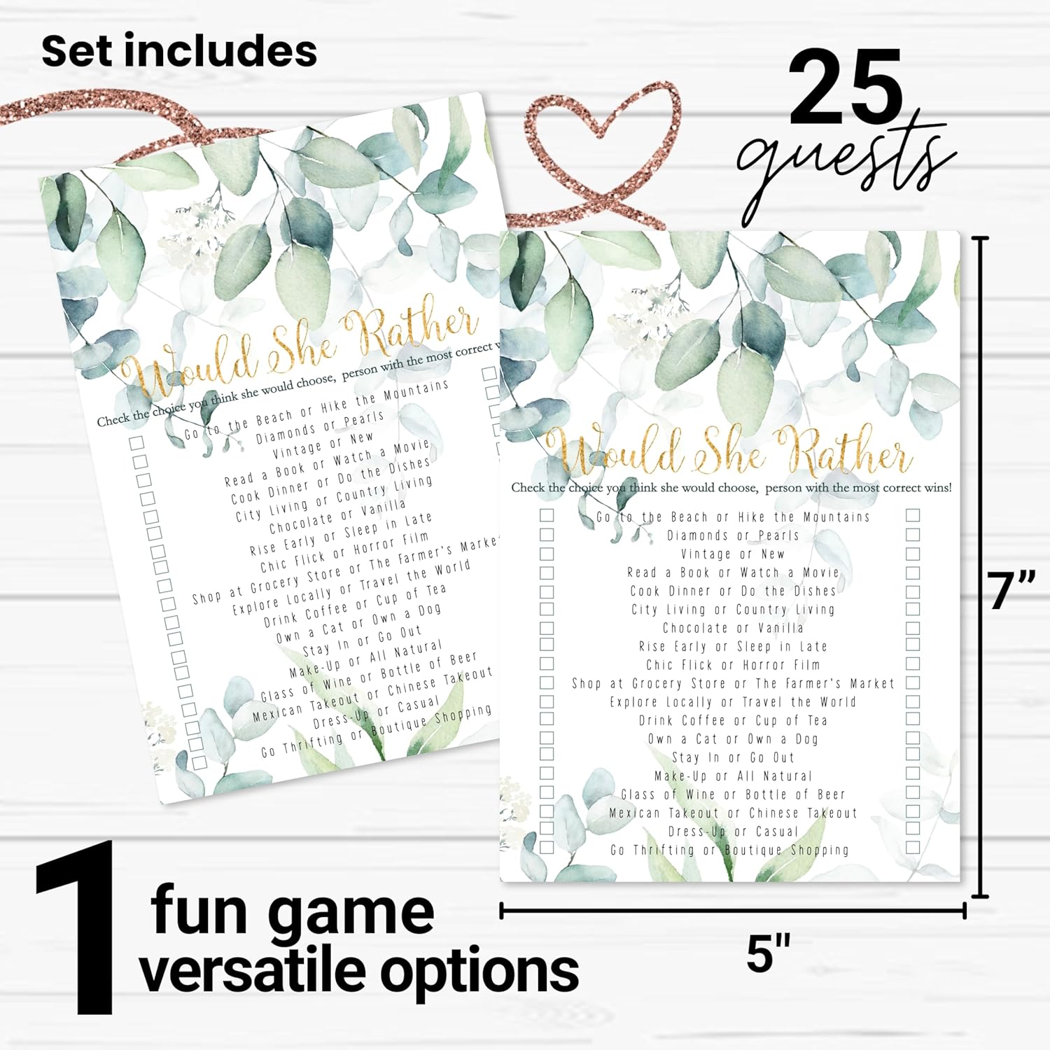 Greenery Bridal Shower Games - 25 Cards - Who Knows The Bride Best & Would She Rather - Rustic Botanical Designs For Wedding Reception, Bridal Showers, Or Birthday Celebrations - 5X7 Pack