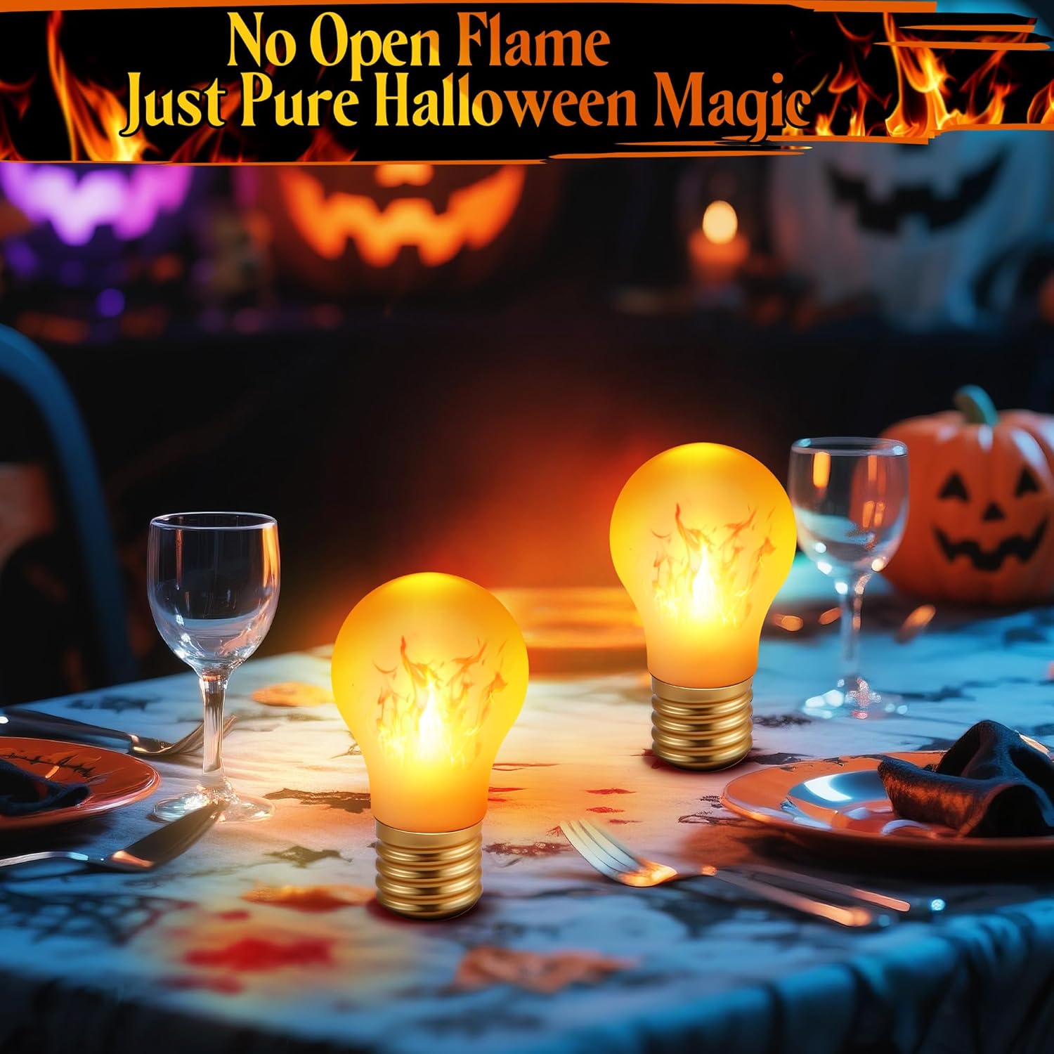 2 Pack Halloween Rechargeable A19 Flickering Flame Light Bulbs With E26 Conversion Interface & Silicone Hanging Sleeve, Fire Bulb For Christmas Party Decorations Outdoor Indoor Home Decor