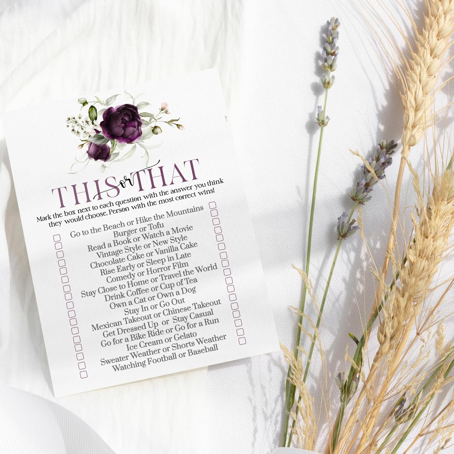 Purple Passion Bridal Shower Games - Would She Rather & This Or That Game - 25 Card Pack For Graduation Parties, Rehearsal Dinners & Birthdays - Modern Floral Design