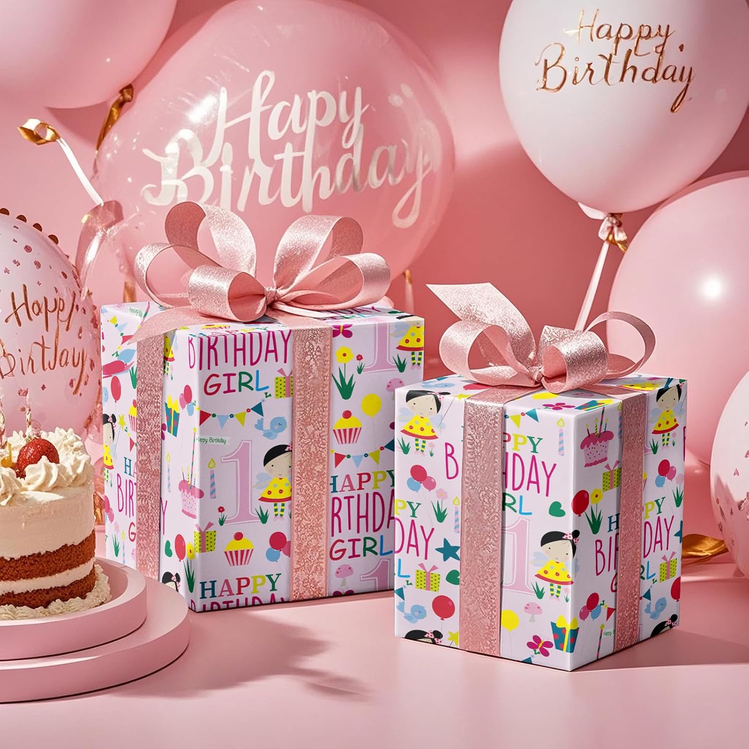 Birthday Wrapping Paper For Girl - Mini Roll - Pink Happy Birthday Girl And Birthday Party Pattern For Girl'S 1St Birthday Party And More - 17 Inches X 16.4 Feet - 1 Year Old