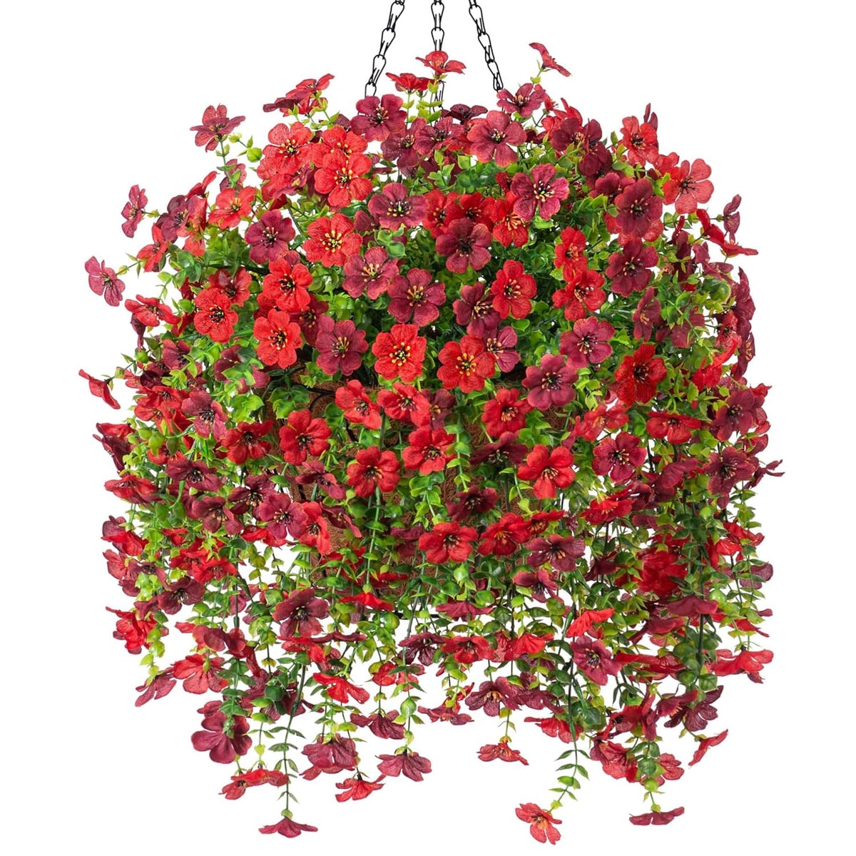 Artificial Fake Hanging Flowers Plants With Basket For Outdoor Spring Decoration, Faux Silk Daisy Flower Real Touch Uv Resistant For Outside Porch Patio Garden Yard Home Decor(Red Brown)