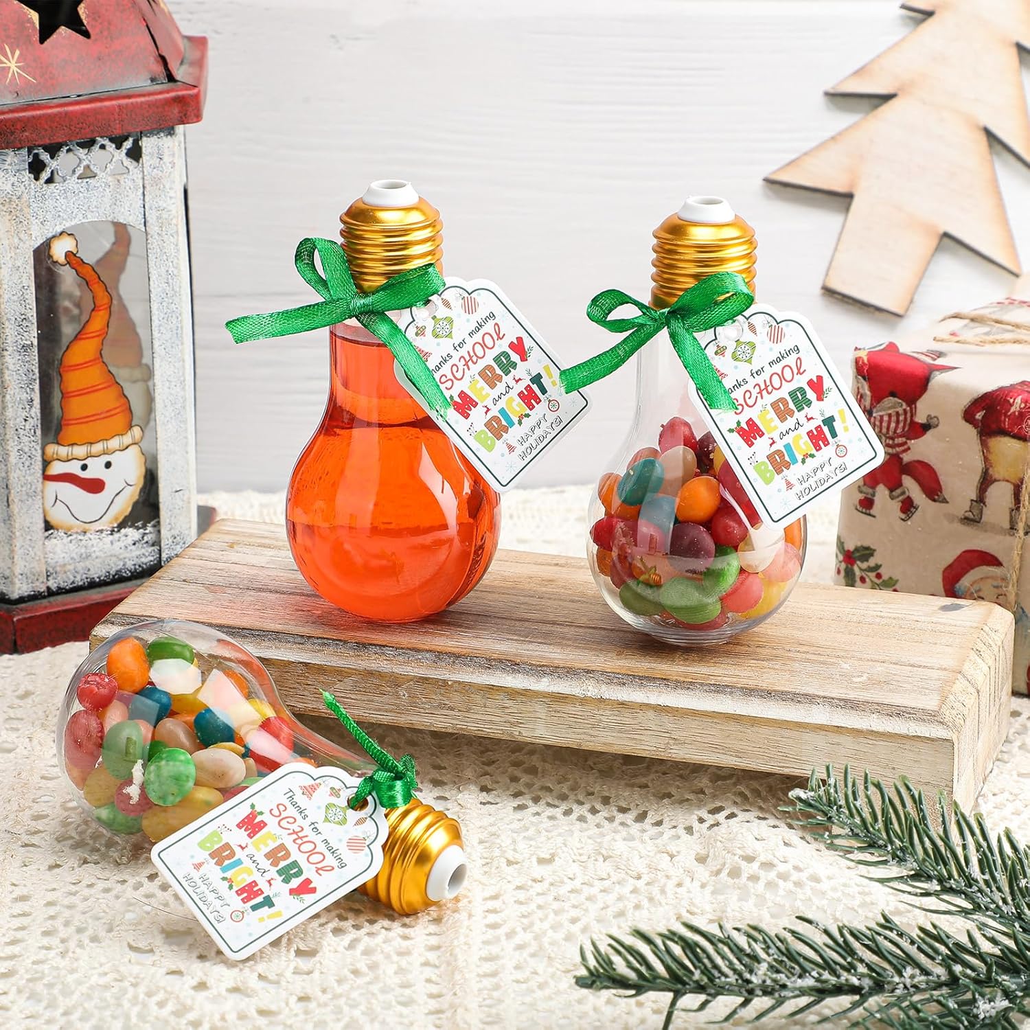 36 Set Christmas Candy Containers Fillable Light Bulb Ornaments 100 Ml Clear Plastic Candy Containers Reusable Candy Jars With Happy Holiday Cards Christmas Gifts Bulk For Xmas Party Crafts