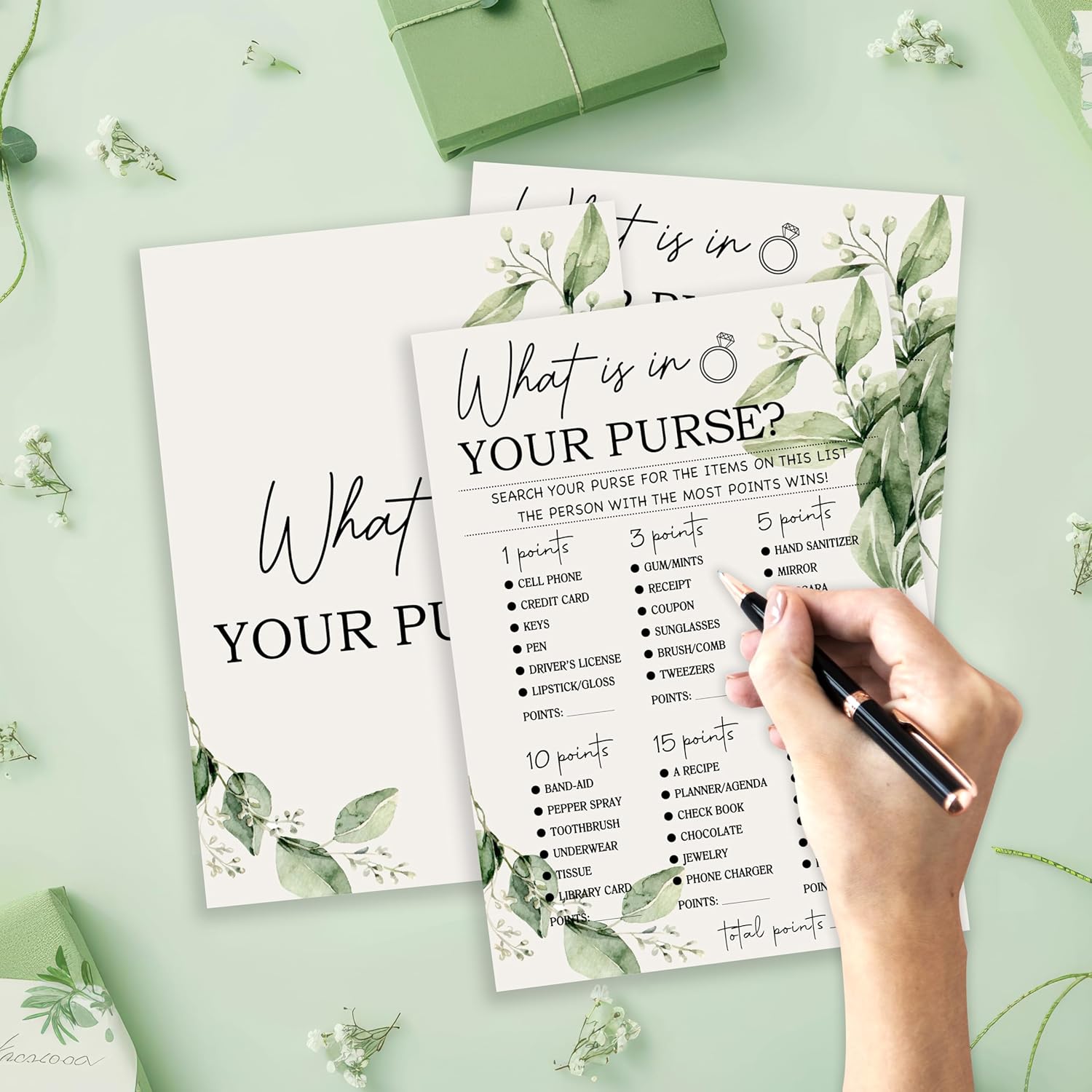 Greenery Bridal Shower Games Cards, What Is In Your Purse Game Card Reception For Wedding Showers Engagement Party Bachelorette Party, Bridal Party Games For Decorations Favors Supplies, Set Of 25-03
