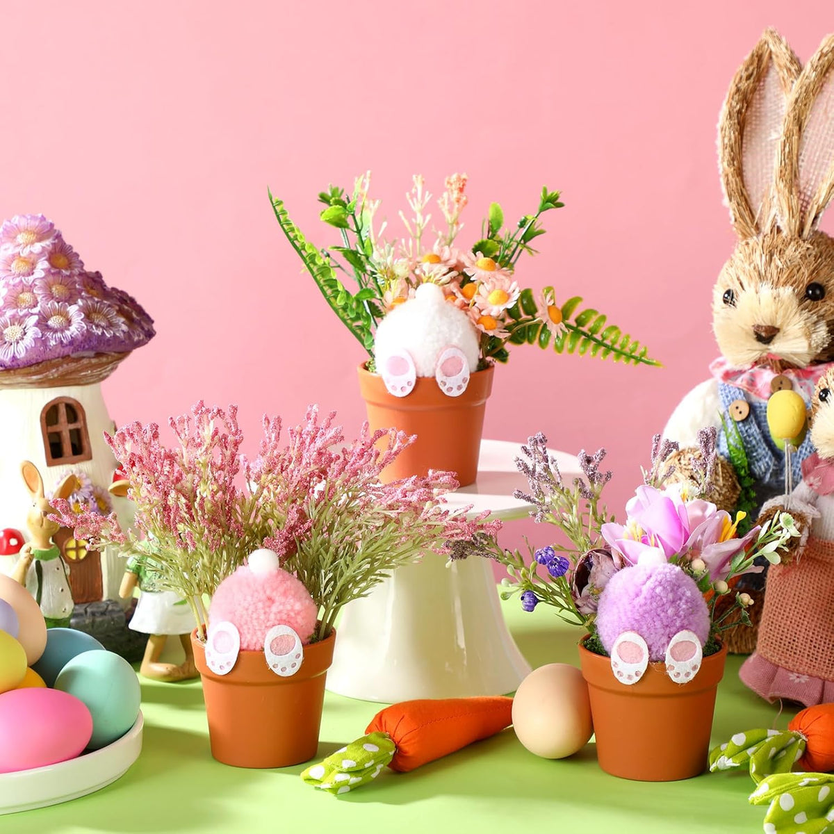 3 Pcs Easter Flower Pot Decor Easter Table Centerpiece Indoor Decorations With Plush Bunny Tail Spring Artificial Flowers Tabletop Decorations For Egg Hunt Party Decor