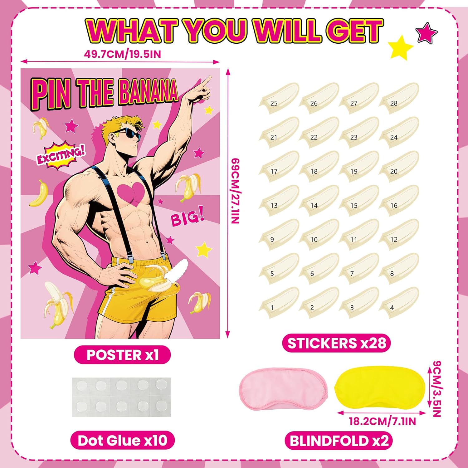 Bachelorette Party Games Pin The Banana On The Hunk Game Large Poster With 28Pcs Banana Stickers For Girls Night Wedding Engagement Party