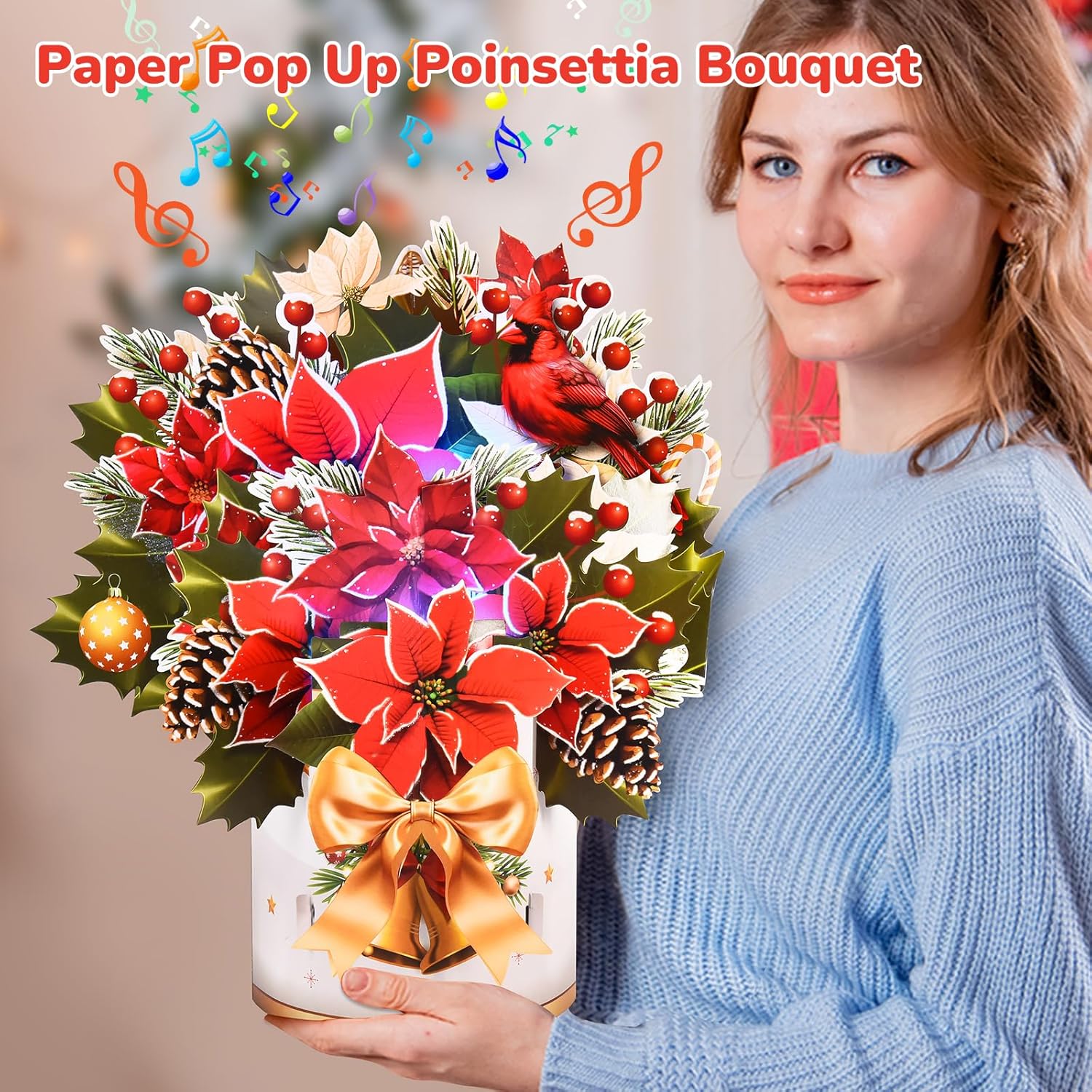 Pop Up Christmas Cards With Lights And Music, 12 Inch Paper 3D Poinsettia Bouquet Design, Musical Xmas Flower Popup Greeting Card With Note Card & Envelope For Christmas Holiday Decoration