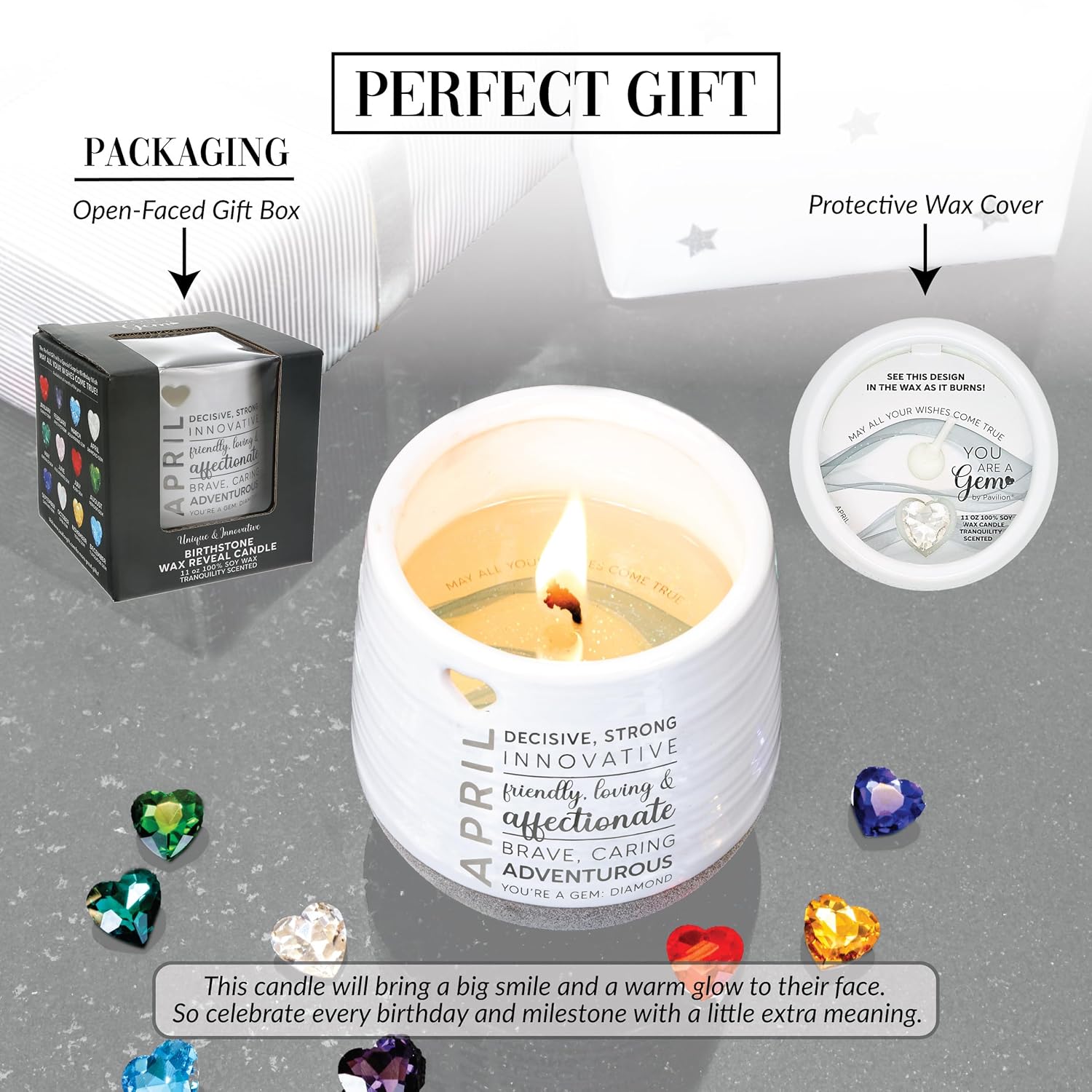 Pavilion - 11 oz Wax Reveal Candle, Natural Soy Wax Birthstone Candle, Jasmine Scented, Gemstone Candle with Crystal Inside, Birthday Gifts for Women, 1 Count (April)