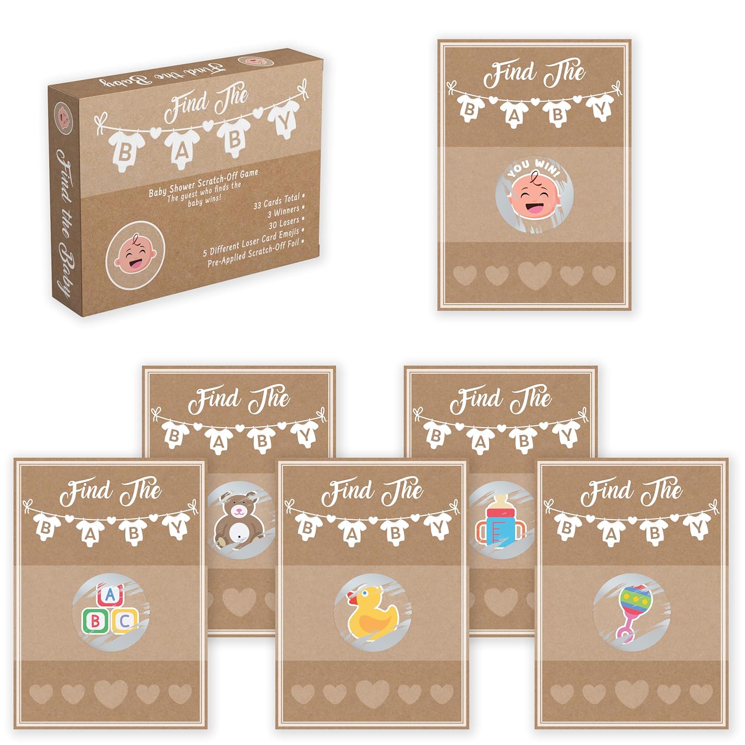 Baby Shower Games Kraft 33 Raffle Cards, Emoji Scratch Off Lottery Tickets, 3 Winners 5 Different Loser Card Designs, Gender Neutral, Silly Activity For Ice Breakers, Door Prizes, Favors