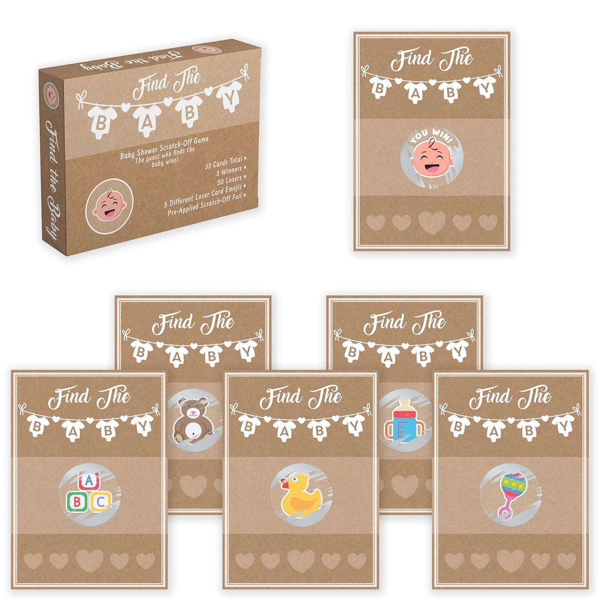 Baby Shower Games Kraft 33 Raffle Cards, Emoji Scratch Off Lottery Tickets, 3 Winners 5 Different Loser Card Designs, Gender Neutral, Silly Activity For Ice Breakers, Door Prizes, Favors