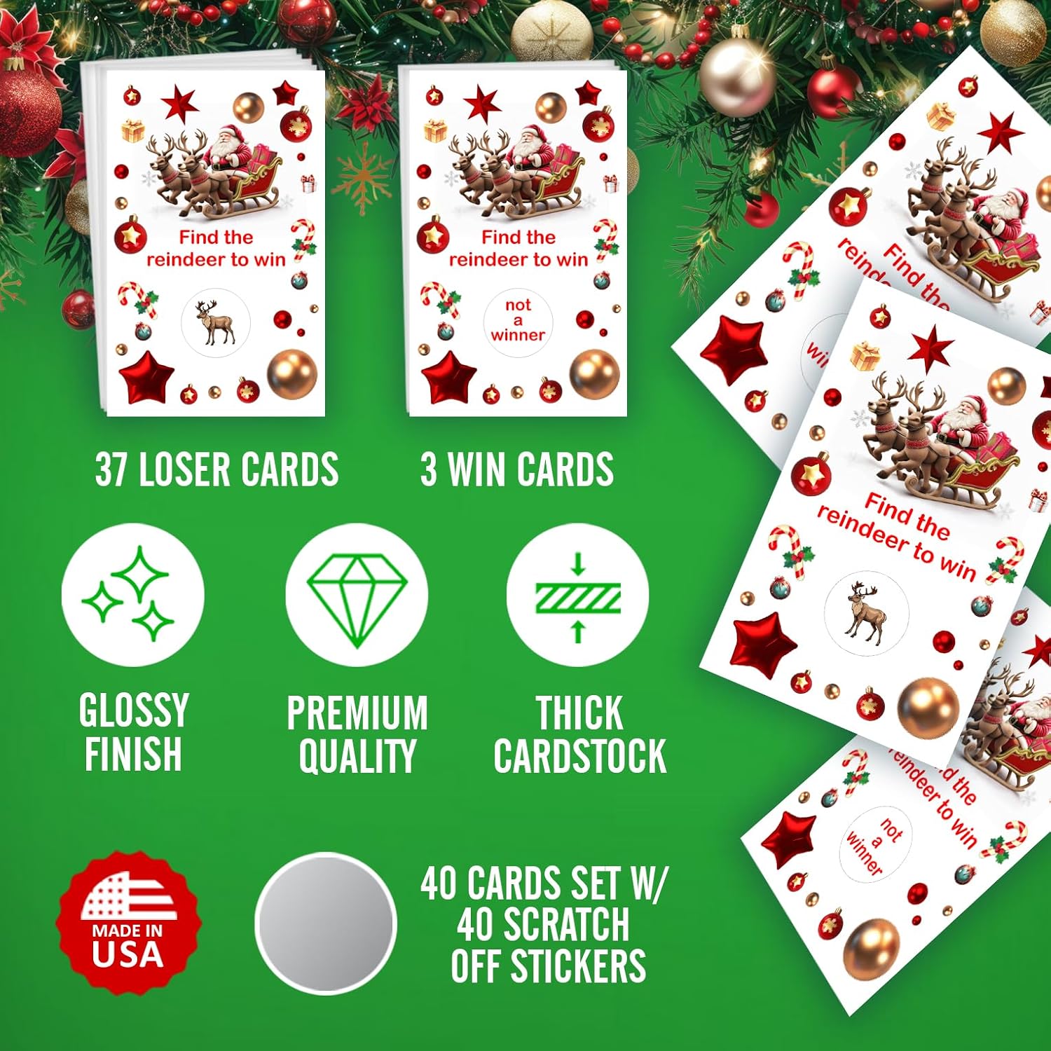 Reindeer Christmas Party Game Scratch Off, Find The Reindeer Easy To Play Silly Games, Fun Idea, Ice Breaker Activity. Raffle Cards, Set Of 40 Cards, Merry Christmas. Made In Usa