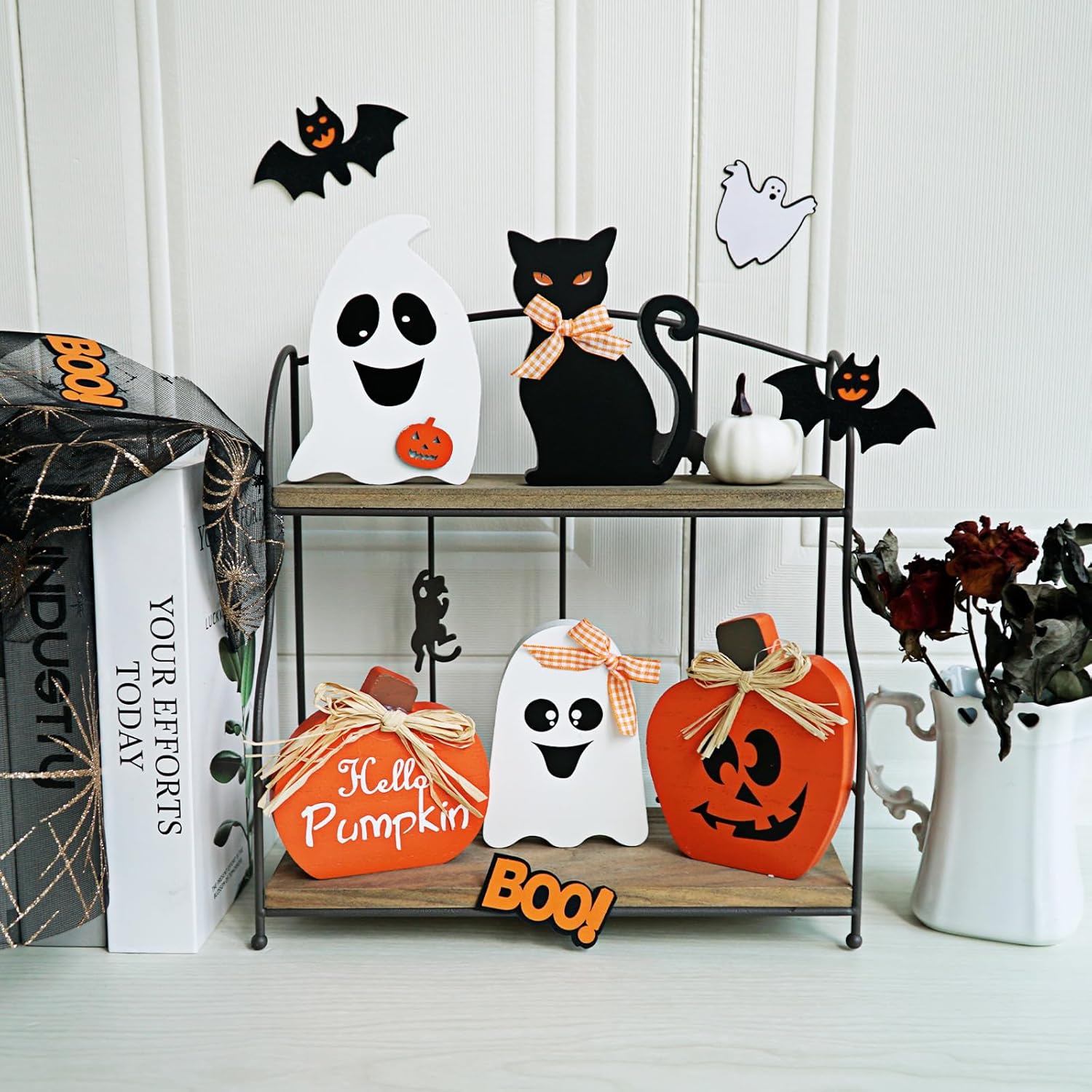 Halloween Wood Signs Decorations Halloween Wooden Signs Pumpkin Ghost Black Cat Freestanding Table Signs, Halloween Tiered Tray Decor For Rustic Farmhouse Home Mantle
