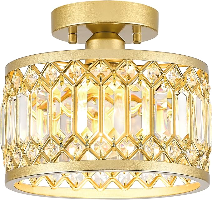 9 Inch Gold Crystal Semi Flush Mount Ceiling Light Modern Fixture