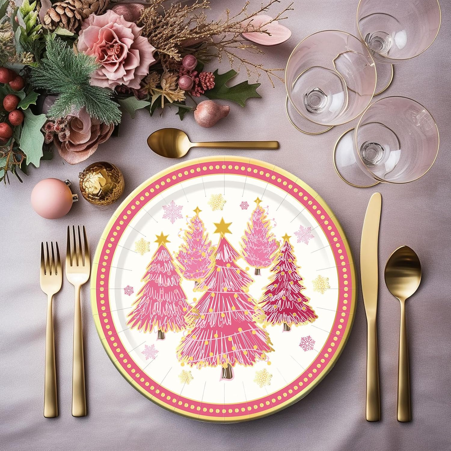 40Pcs 9 Inch Christmas Plates Merry Christmas Disposable Paper Plates Gold Foil Pink Xmas Tree Party Plates For Holiday Party Dinner Tableware Supplies Decor