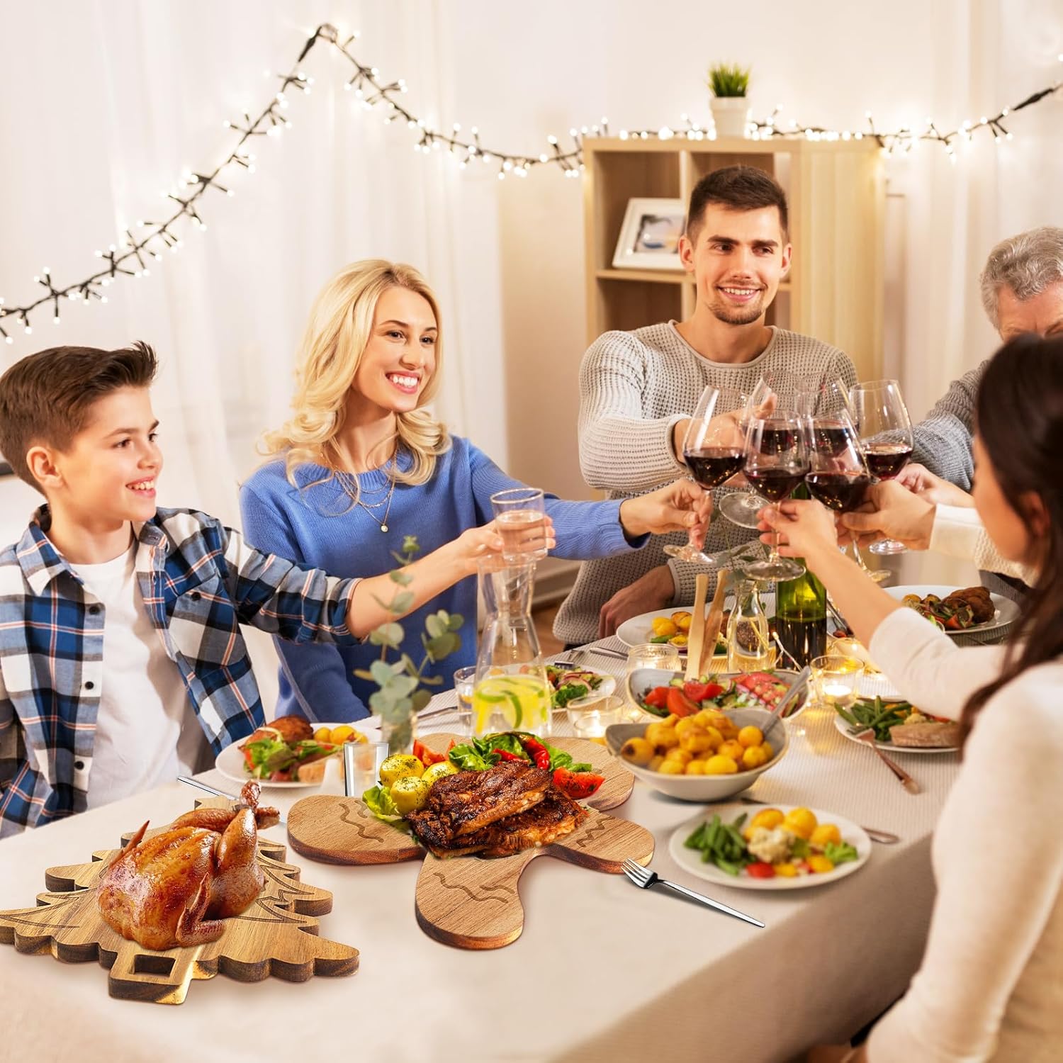 2Pcs Merry Christmas Tree & Gingerbread Man Wooden Cutting Board With Handle - Xmas Charcuterie Board For Kitchen, Cheese, Fruit, Bread, Salad, Vegetable, Snack, Dessert