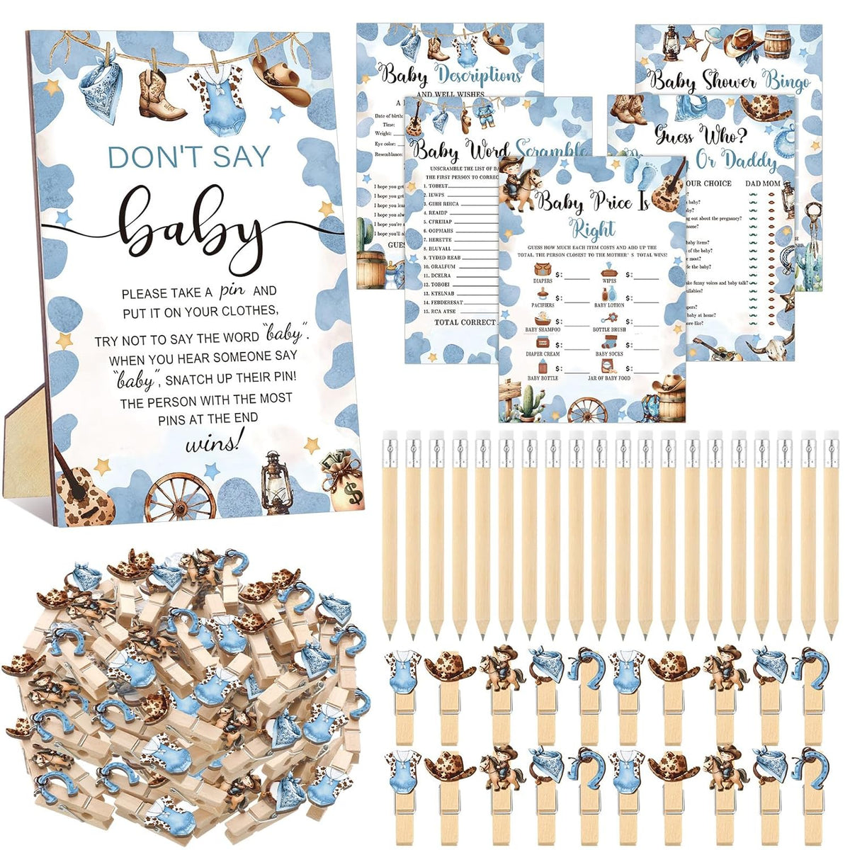 321 Pcs Cowboy Baby Shower Decorations Party Games A Cowboy Is On The Way Bingo Price Guess Don'T Say The Word Who Mom Game For Western Rodeo Baby Shower Gender Reveal Party Favors