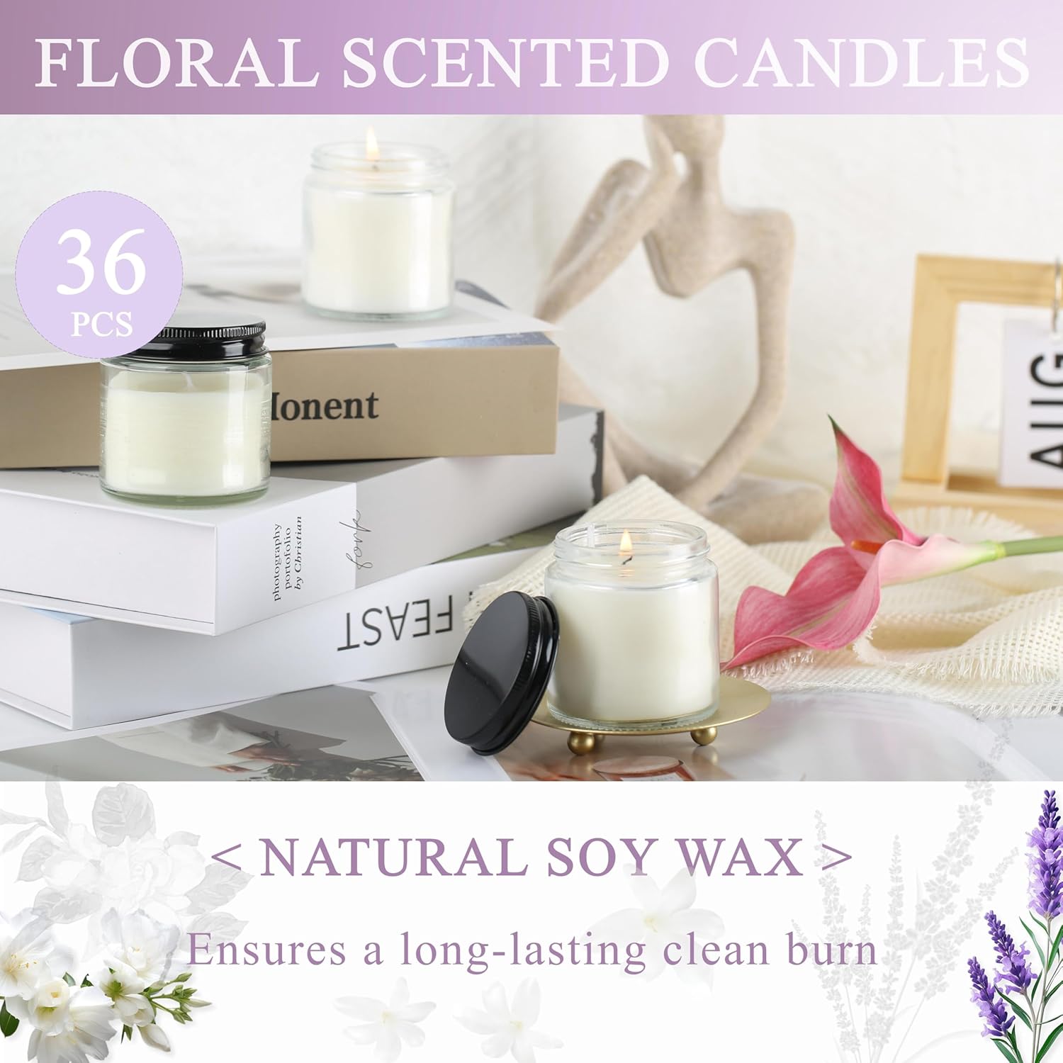 36 Pcs 4Oz Mini Mason Jar Candles Small Scented Candles Bulk Aromatherapy Ideal Souvenir Favors For Wedding Birthday Party (Freesia, Lavender, Jasmine, Black)